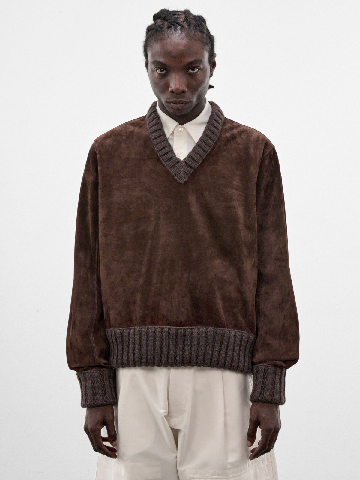 Chocolate Suede Leather V-Neck Sweater (A0048XV64Z0-8812-CHOCOLATE)