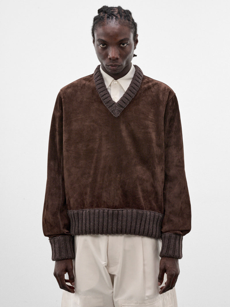 Chocolate Suede Leather V-Neck Sweater (A0048XV64Z0-8812-CHOCOLATE)
