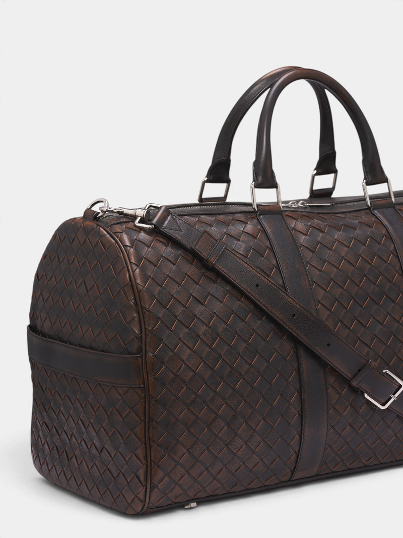 Brown Intrecciato Woven Duffle Bag (A005JHV71Z0-1415-BLACK-BROWN)