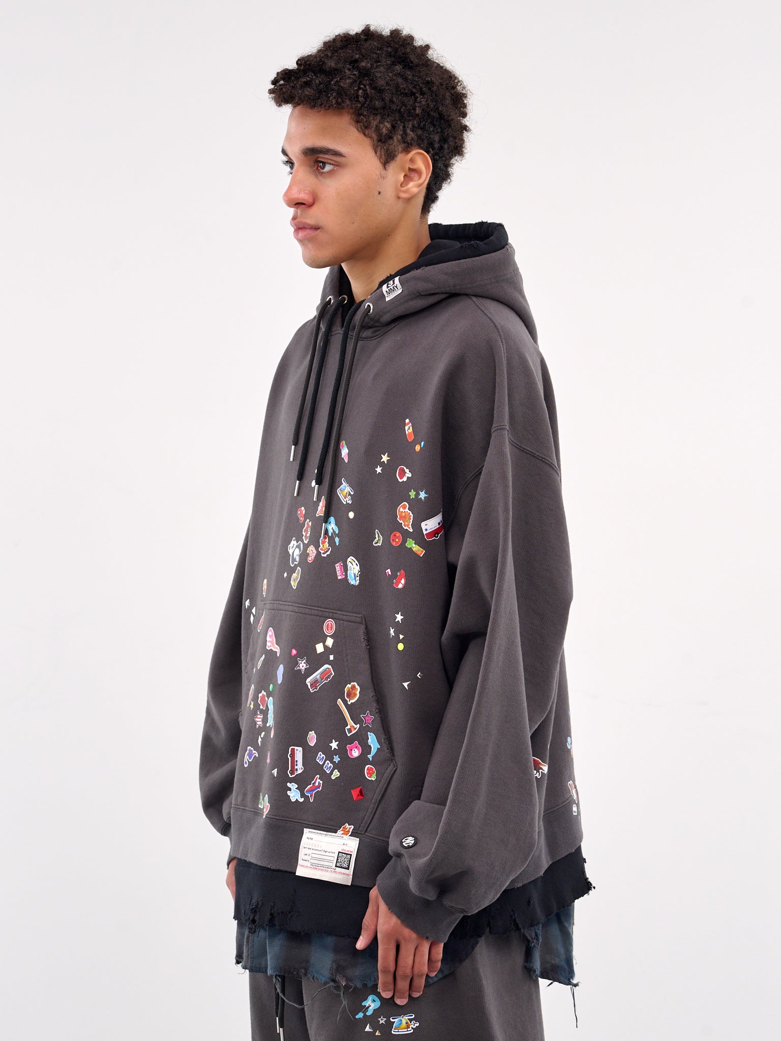 Sticker Print Layered Hoodie (A14HD551-BLACK)
