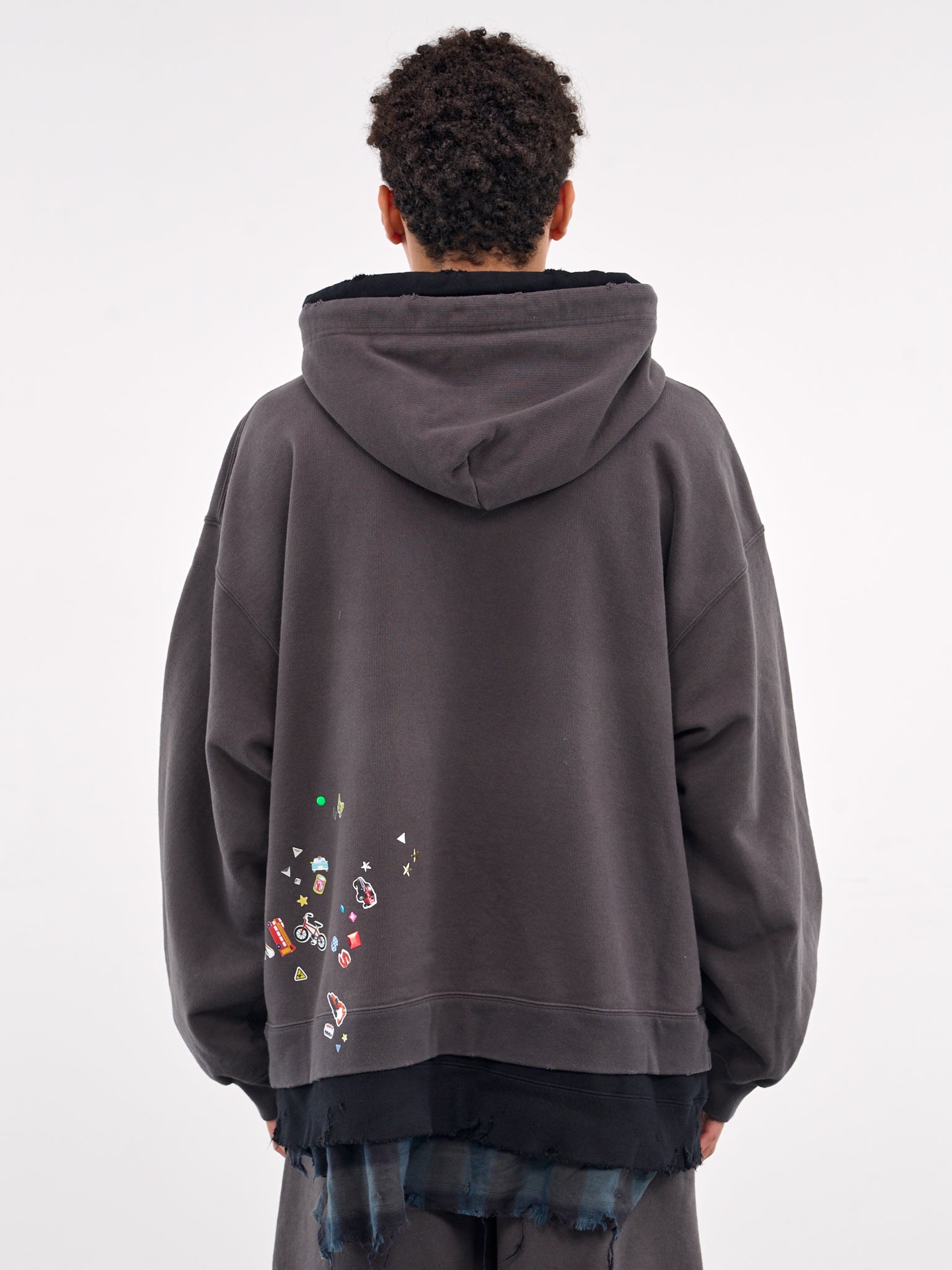 Sticker Print Layered Hoodie (A14HD551-BLACK)
