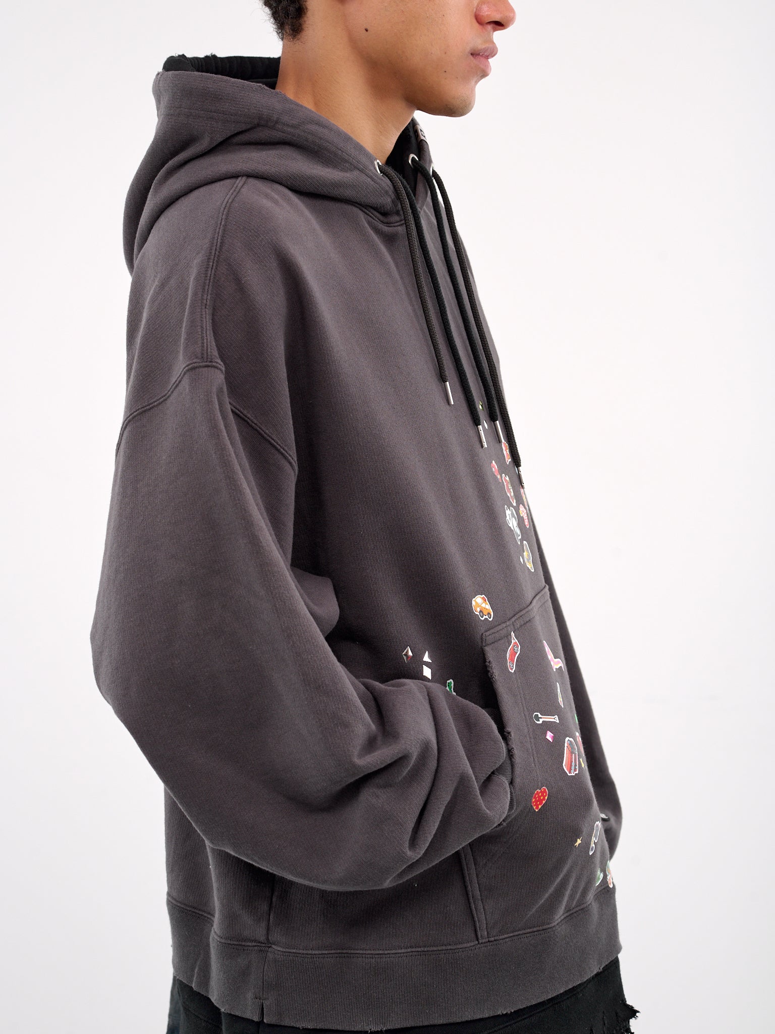 Sticker Print Layered Hoodie (A14HD551-BLACK)