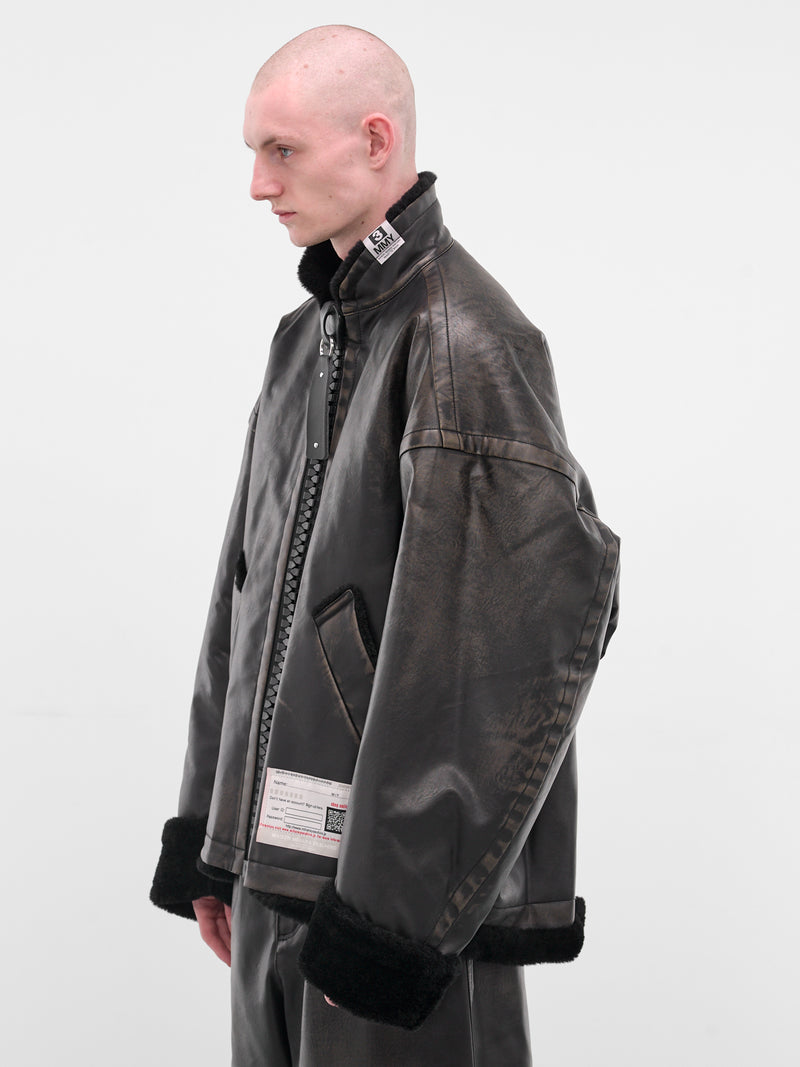 Black Oversized Leather Shearling Jacket (A15BL071-BLACK)