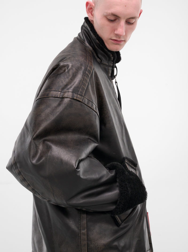 Black Oversized Leather Shearling Jacket (A15BL071-BLACK)