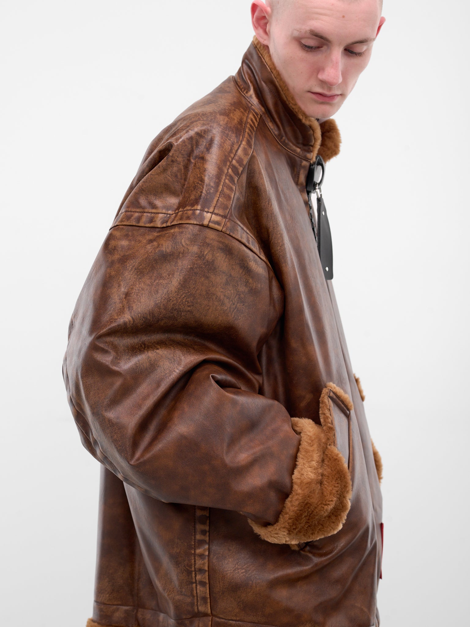 Brown Oversized Leather Shearling Jacket (A15BL071-BROWN_
