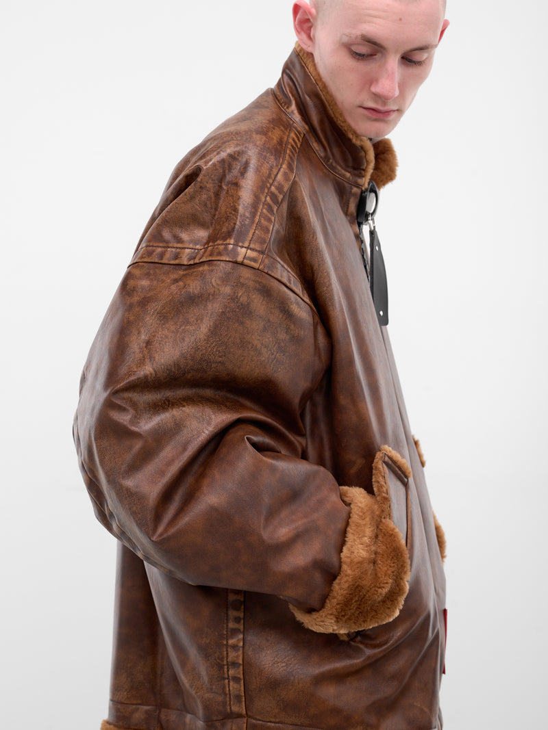 Brown Oversized Leather Shearling Jacket (A15BL071-BROWN_