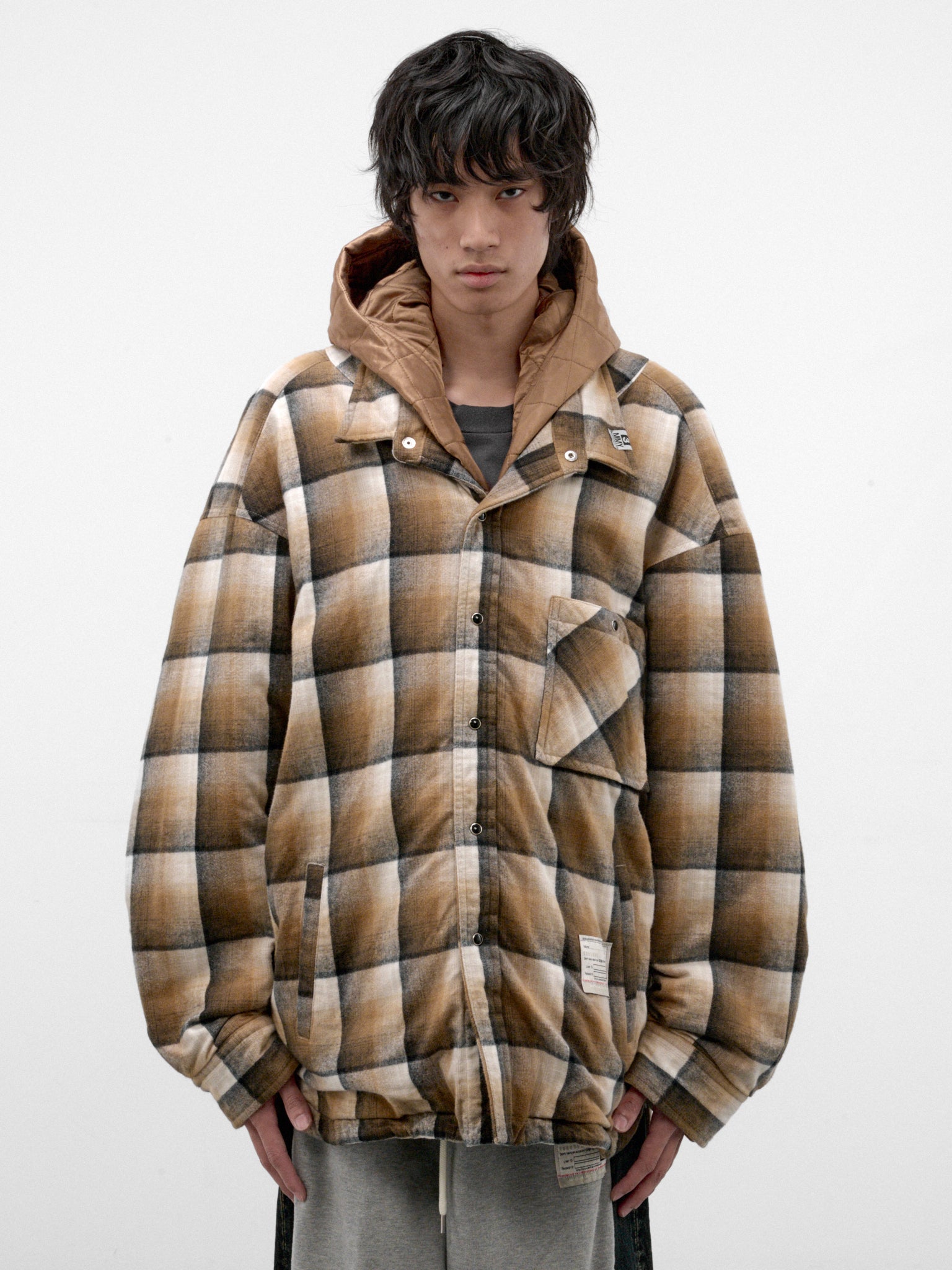 Beige Plaid Padded Hooded Overshirt (A17SH082-BEIGE)