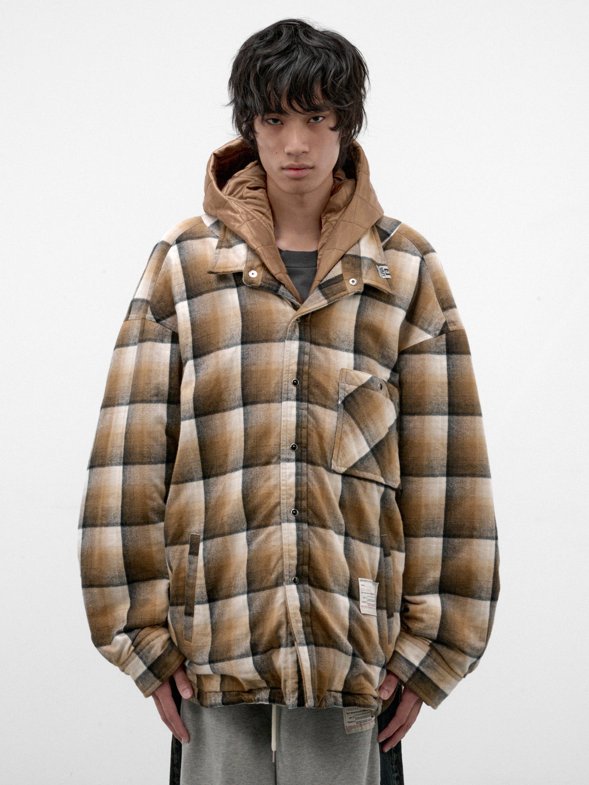 Beige Plaid Padded Hooded Overshirt (A17SH082-BEIGE)