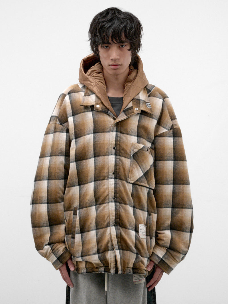 Beige Plaid Padded Hooded Overshirt (A17SH082-BEIGE)