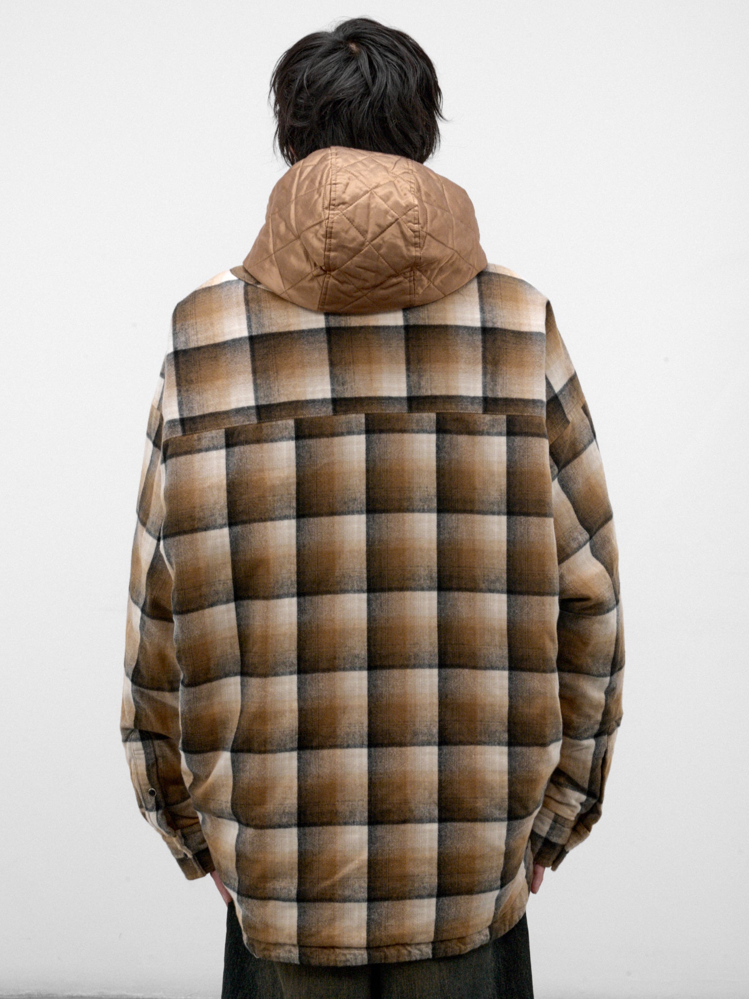 Beige Plaid Padded Hooded Overshirt (A17SH082-BEIGE)