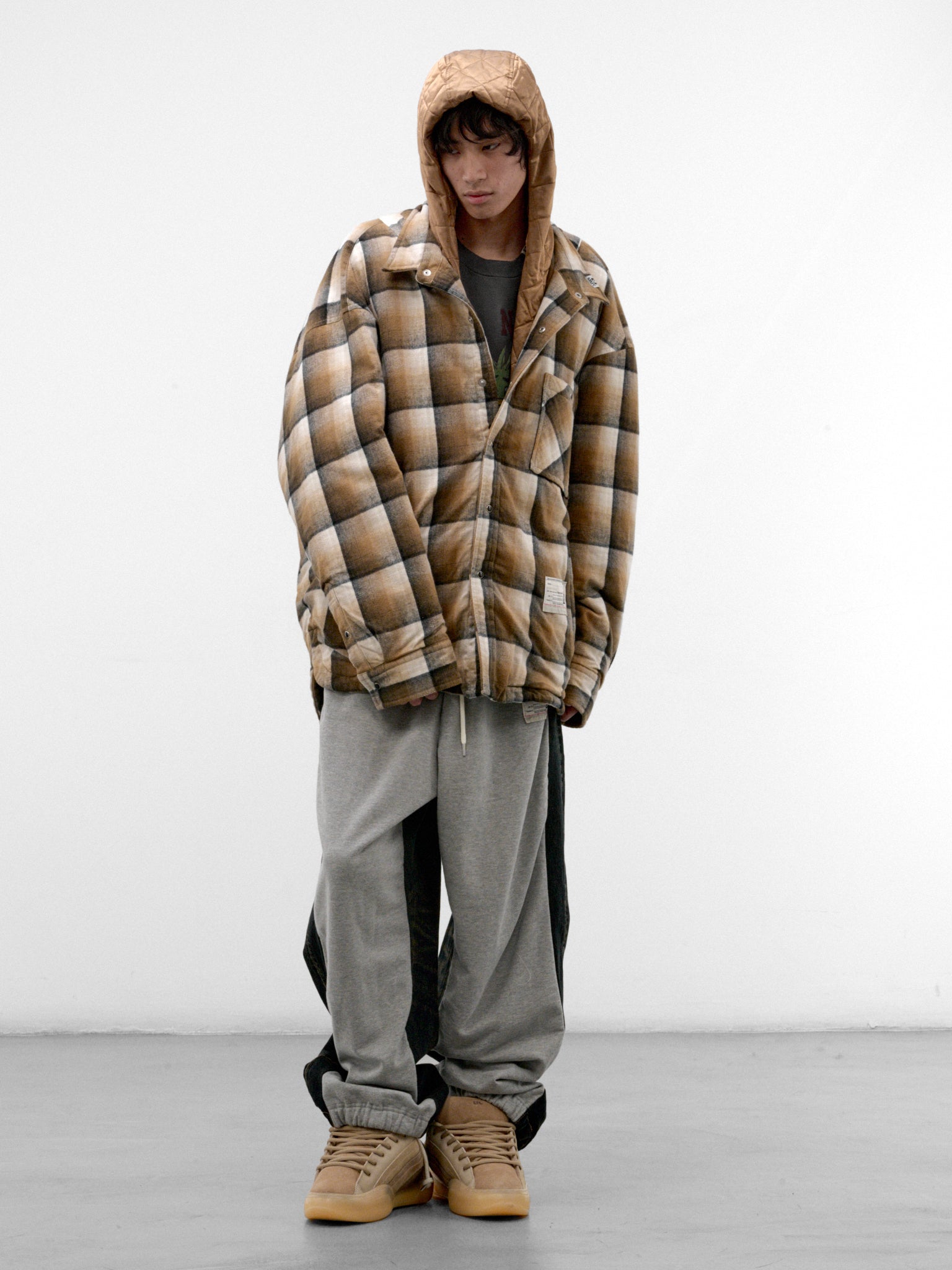 Beige Plaid Padded Hooded Overshirt (A17SH082-BEIGE)