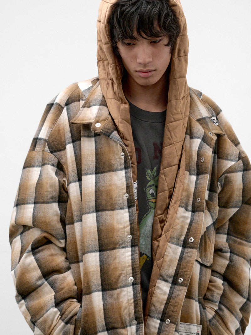 Beige Plaid Padded Hooded Overshirt (A17SH082-BEIGE)