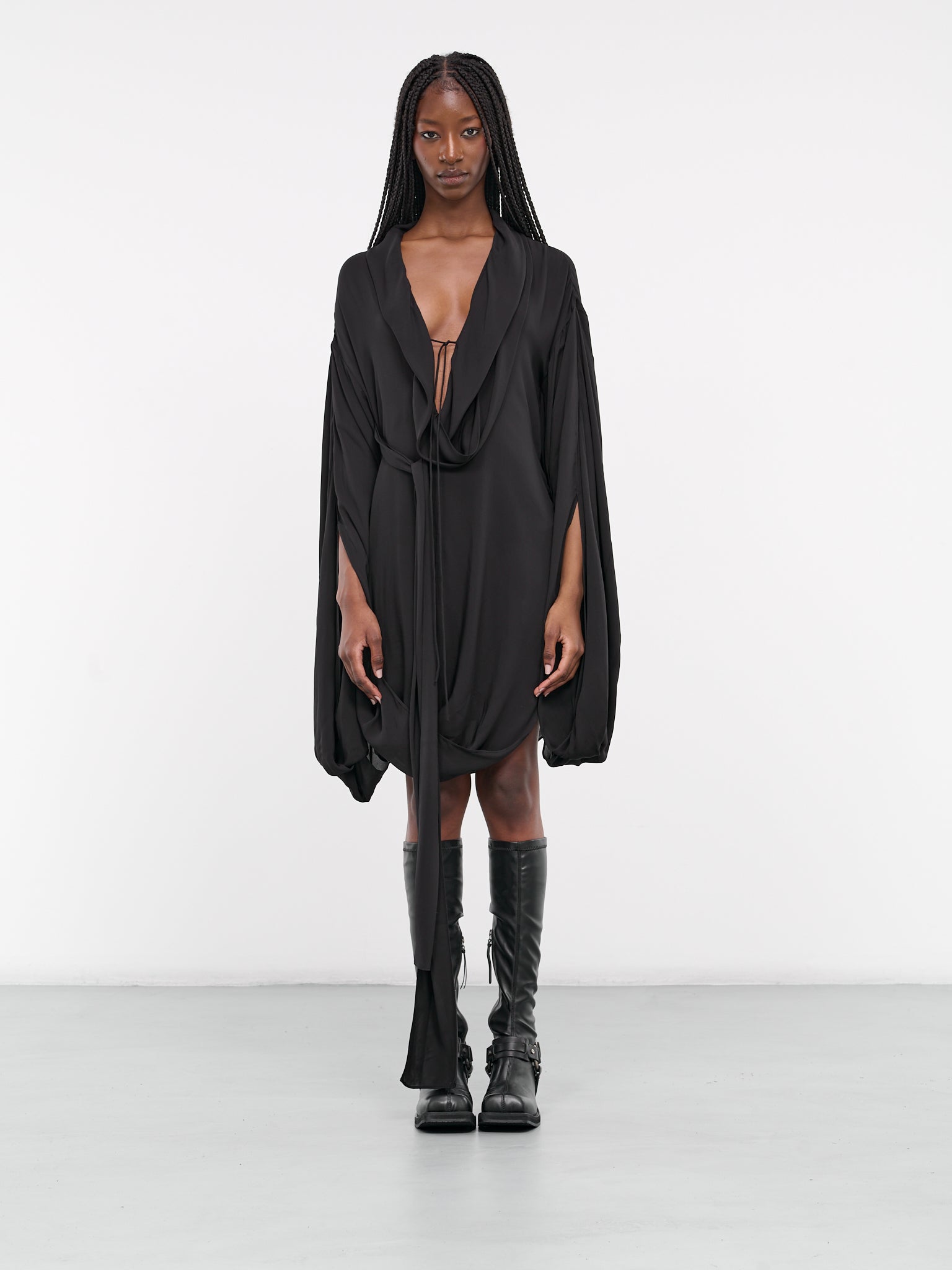 draped mini dress with sleeves boohoo Women's Satin Draped Flared Sleeve Mini Dress