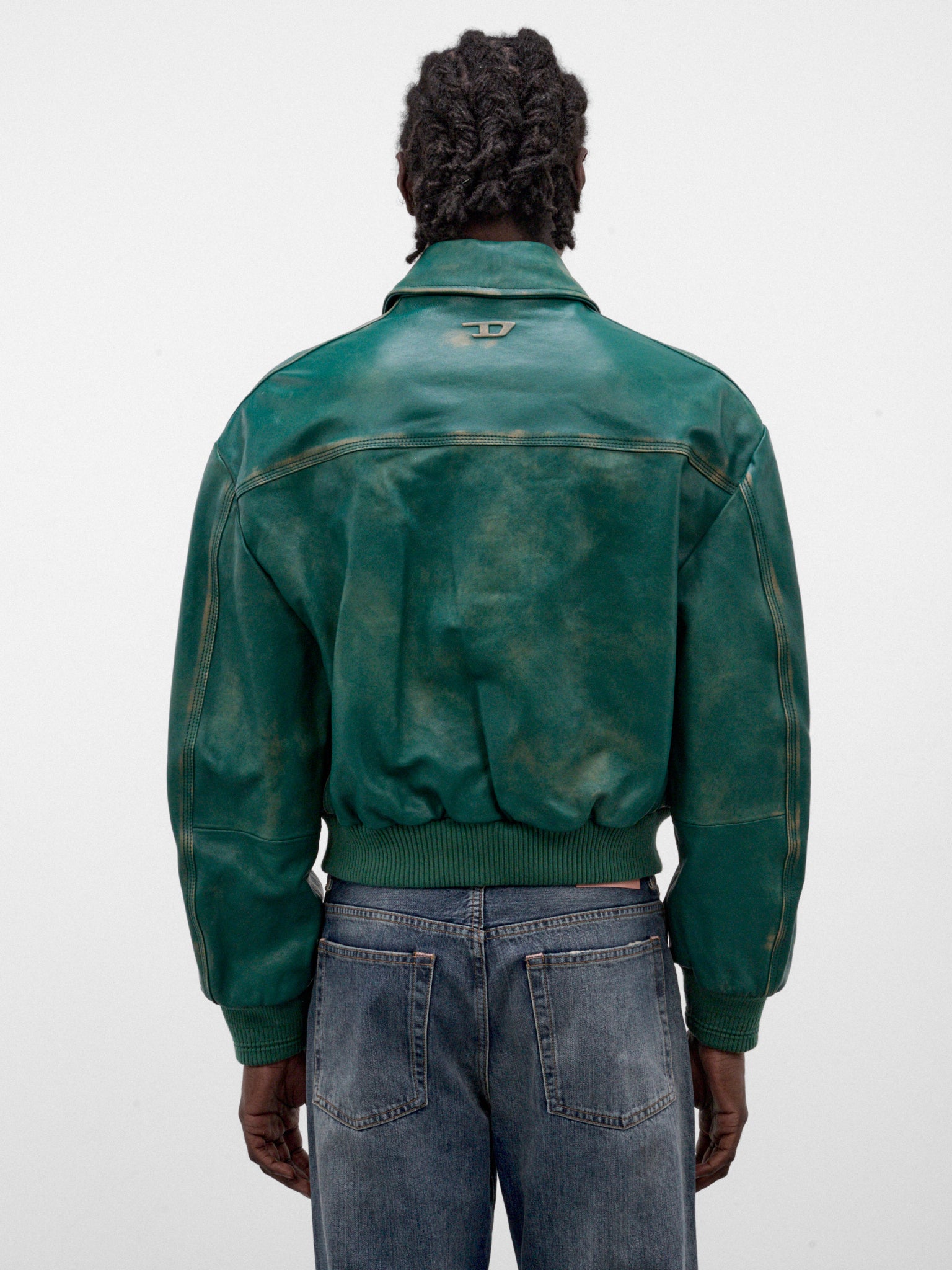 Green L-Uman Leather Bomber Jacket (A25066-L-UMAN-GREEN)