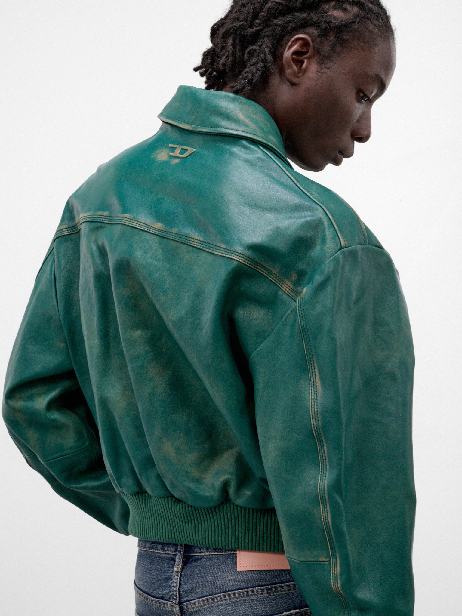 Green L-Uman Leather Bomber Jacket (A25066-L-UMAN-GREEN)