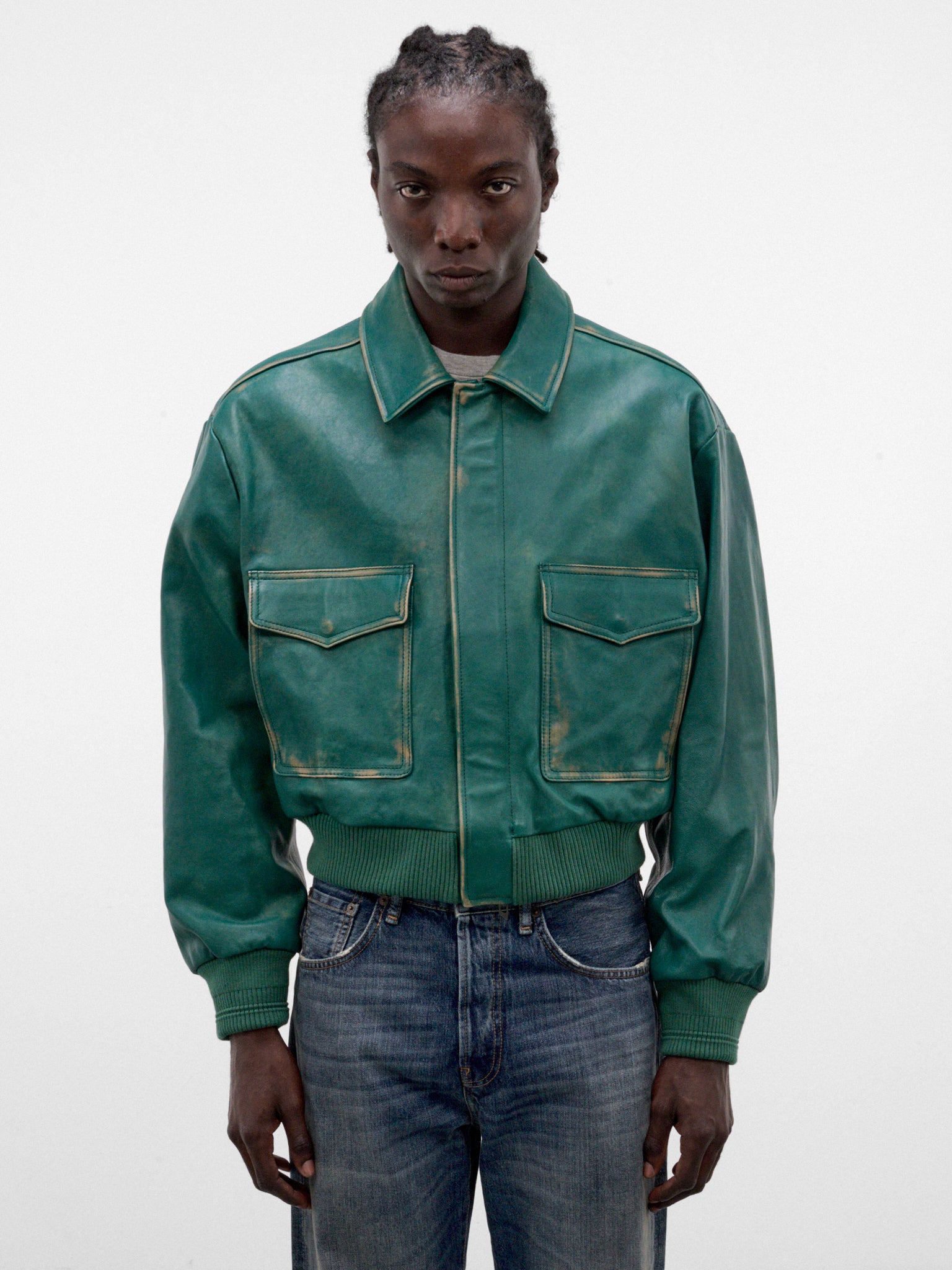 Green L-Uman Leather Bomber Jacket (A25066-L-UMAN-GREEN)