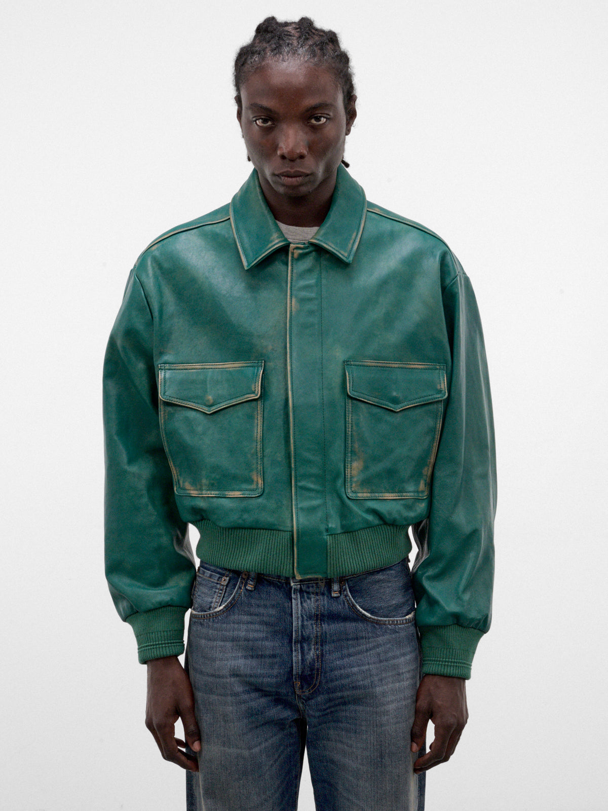 Green L-Uman Leather Bomber Jacket (A25066-L-UMAN-GREEN)