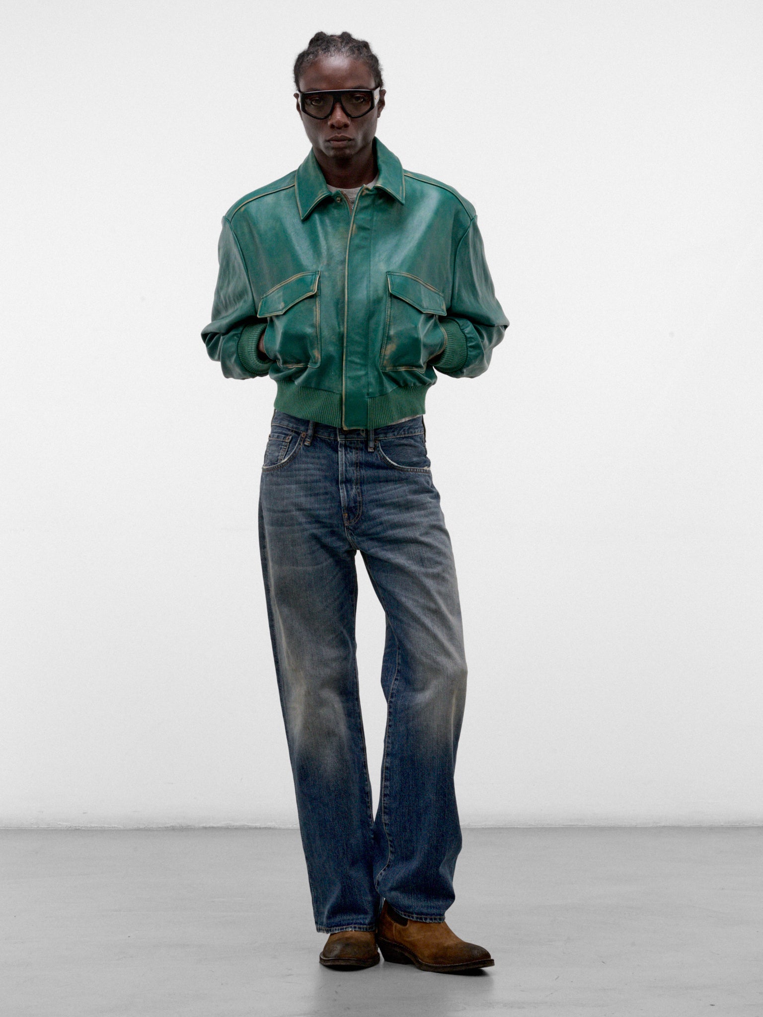 Green L-Uman Leather Bomber Jacket (A25066-L-UMAN-GREEN)