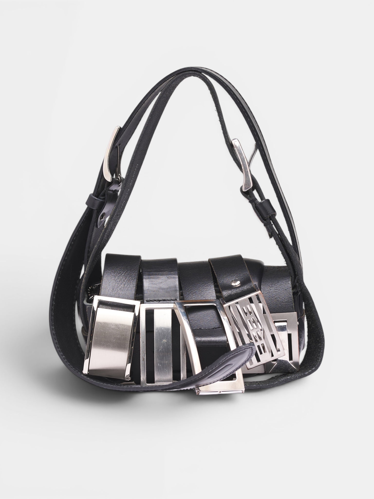 Black Leather Buckle Baguette Bag (A25981102-BLACK)