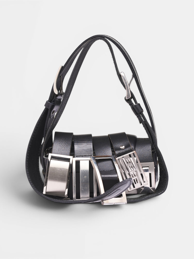 Black Leather Buckle Baguette Bag (A25981102-BLACK)