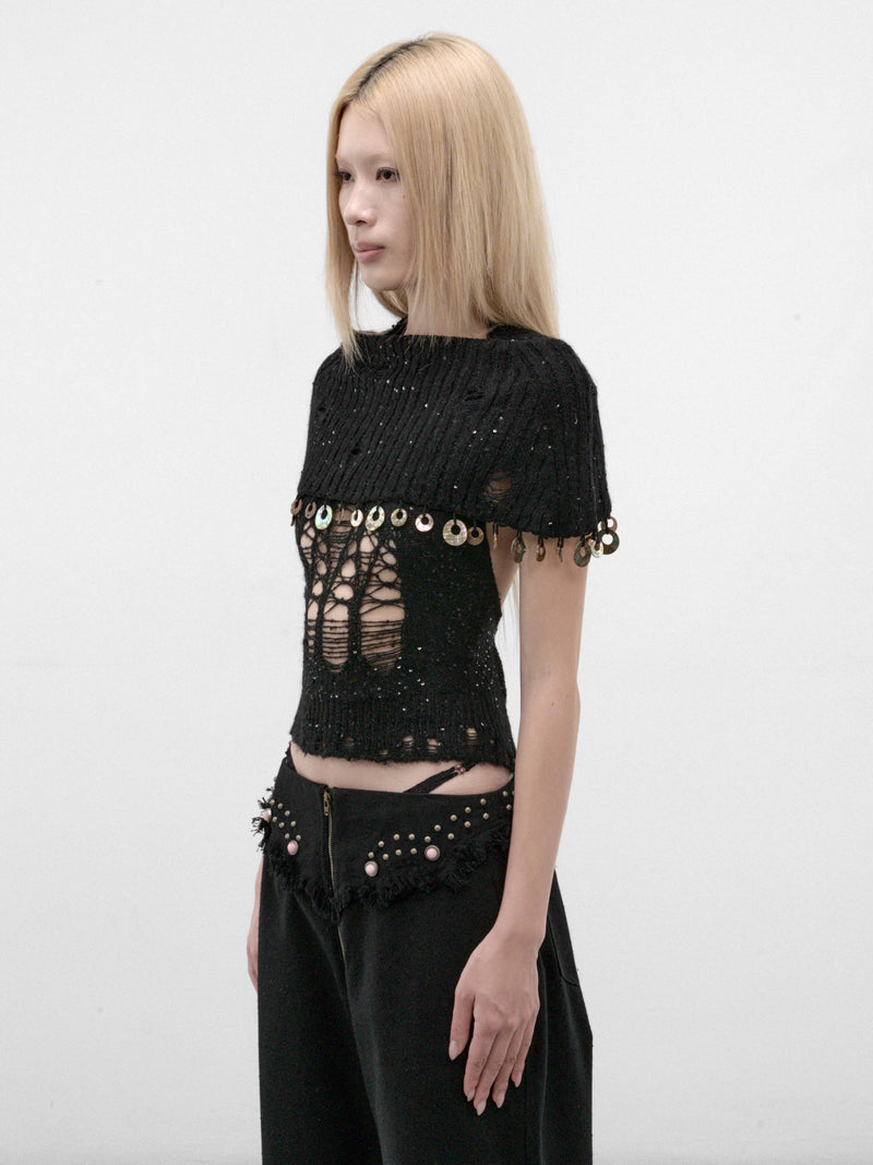 Onyx Sequin Laddering Knit Top (A26KN03O-ONYX)