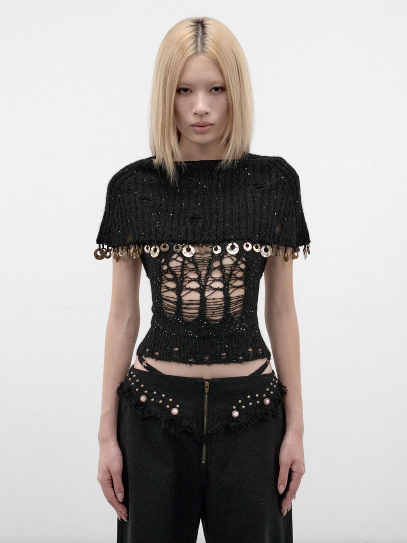 Onyx Sequin Laddering Knit Top (A26KN03O-ONYX)