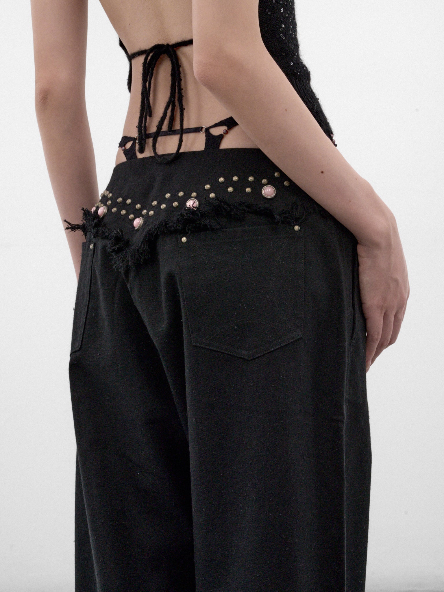 Onyx G-String Rivets Fringe Jeans (A26WV18O-ONYX)