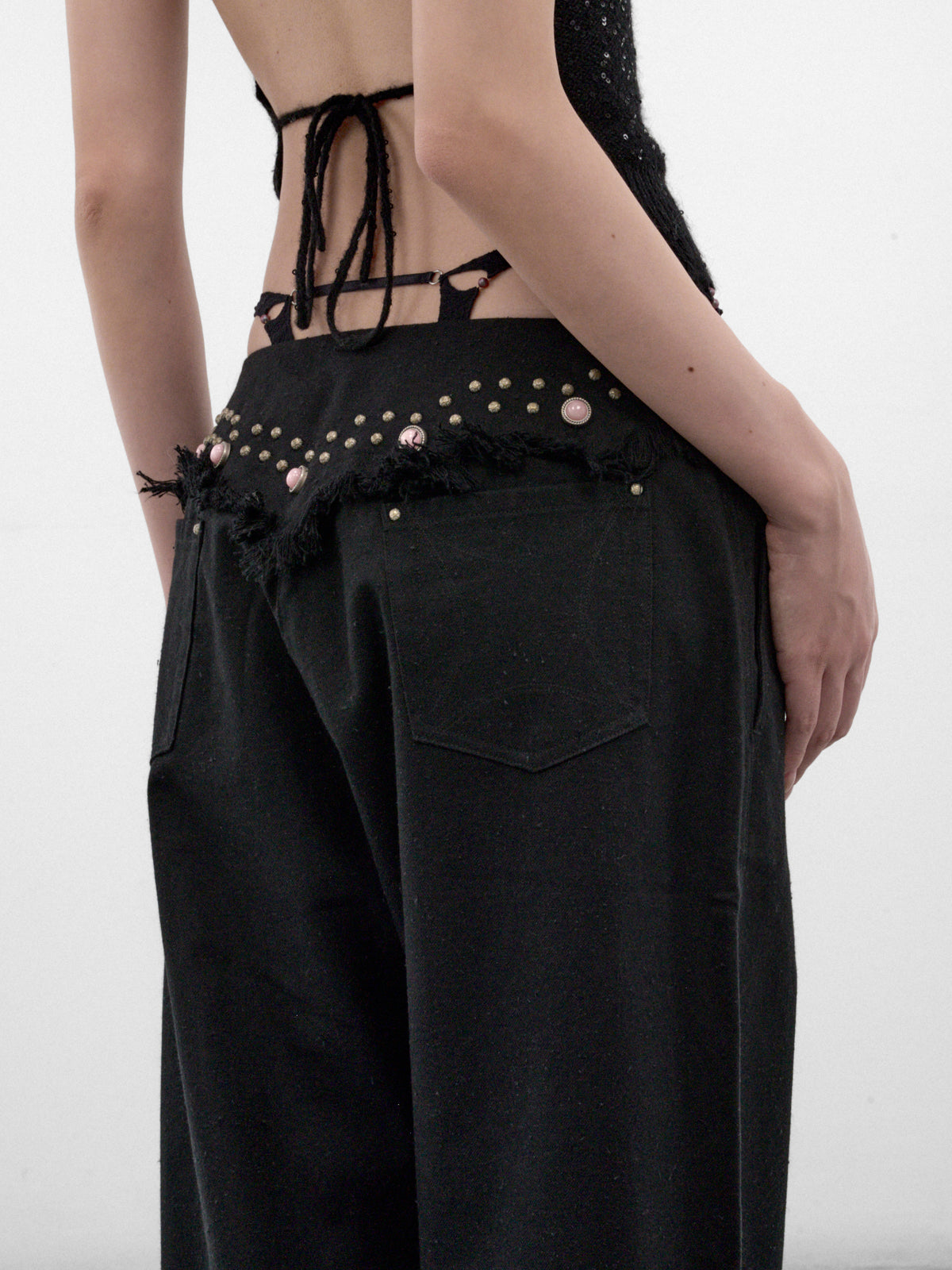 Onyx G-String Rivets Fringe Jeans (A26WV18O-ONYX)