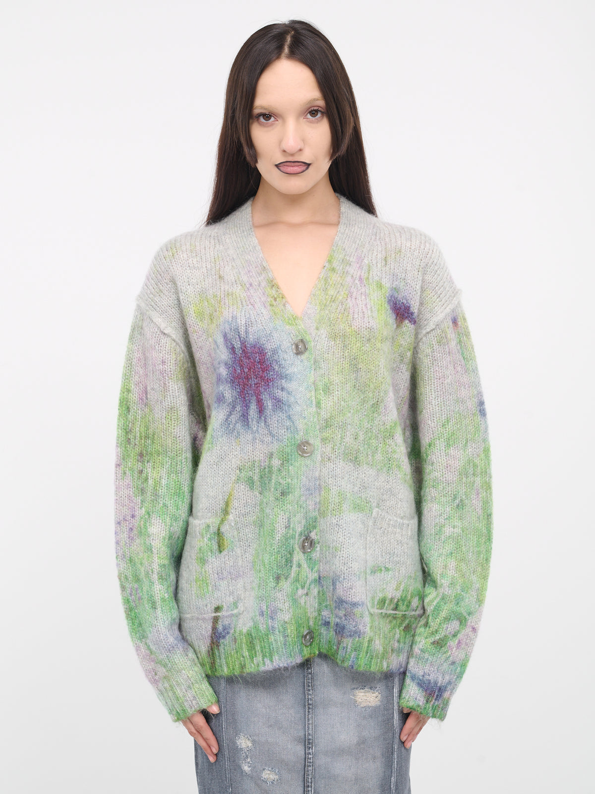Floral Grass Mohair Knit Cardigan (A60493-LIGHT-GREY)