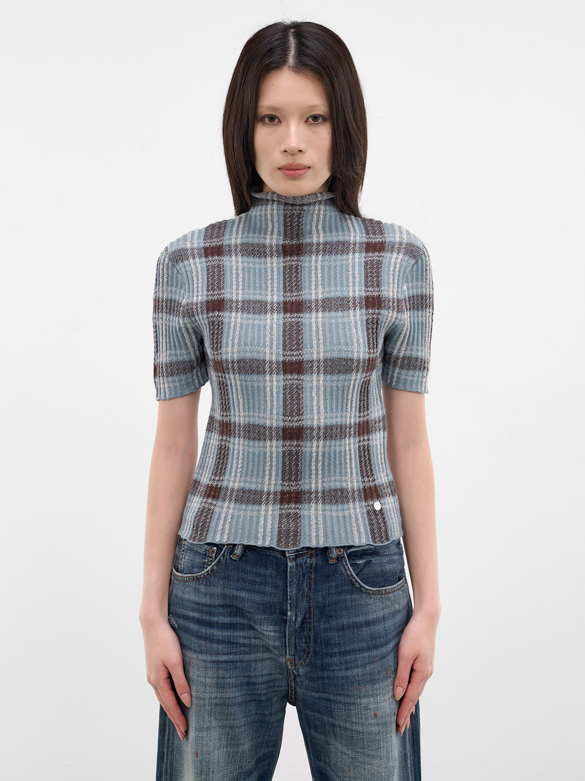 Blue Check Wool Knit Turleneck (A60641-AG7101-BLUE-BROWN)