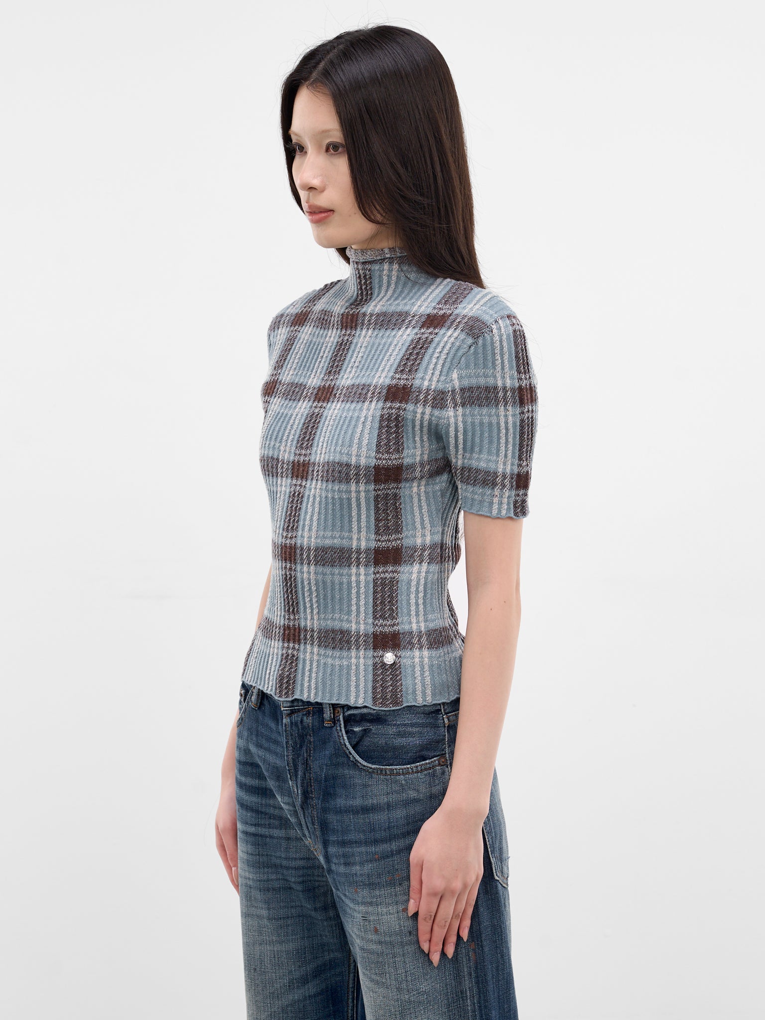 Blue Check Wool Knit Turleneck (A60641-AG7101-BLUE-BROWN)