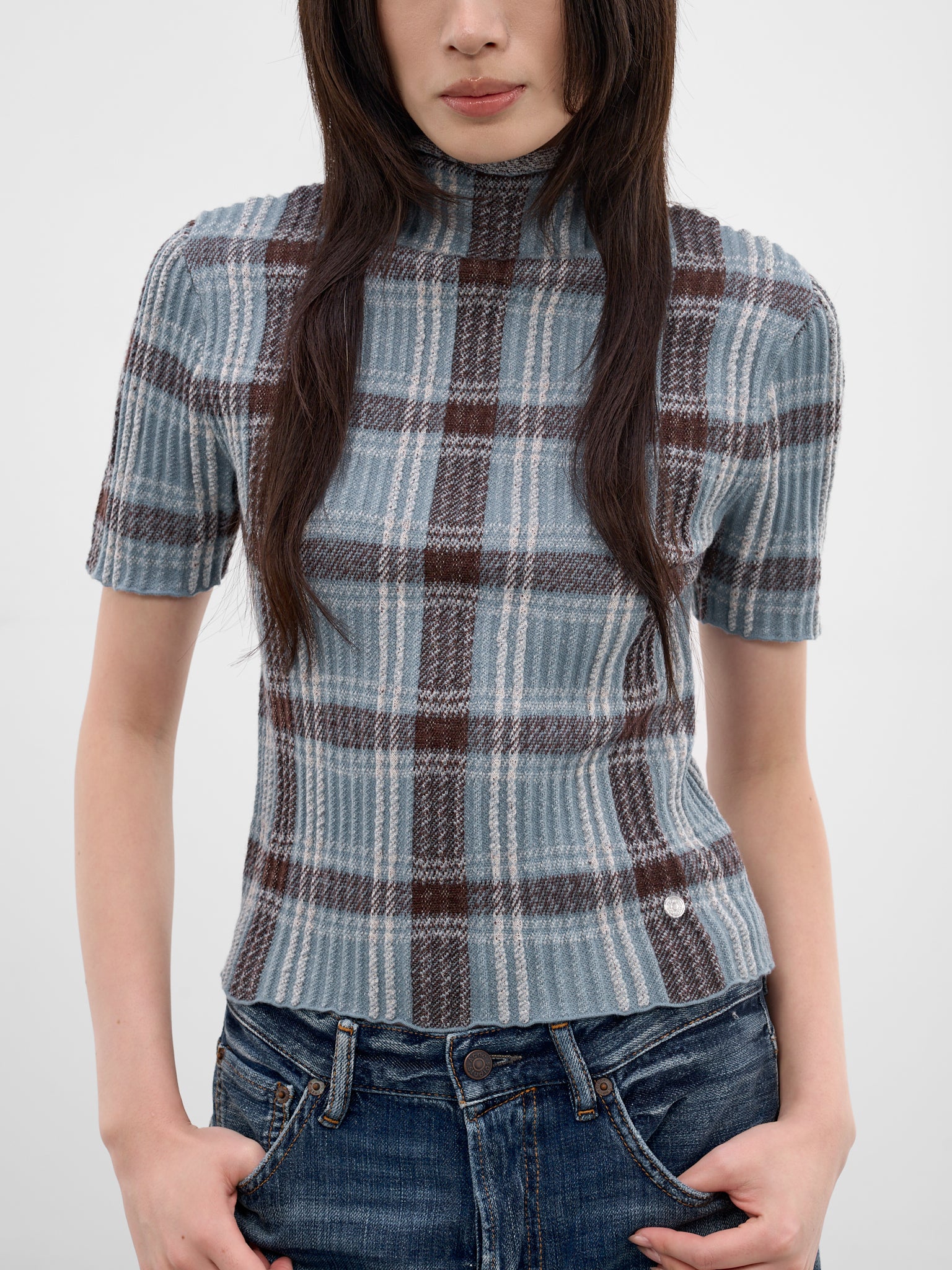 Blue Check Wool Knit Turleneck (A60641-AG7101-BLUE-BROWN)