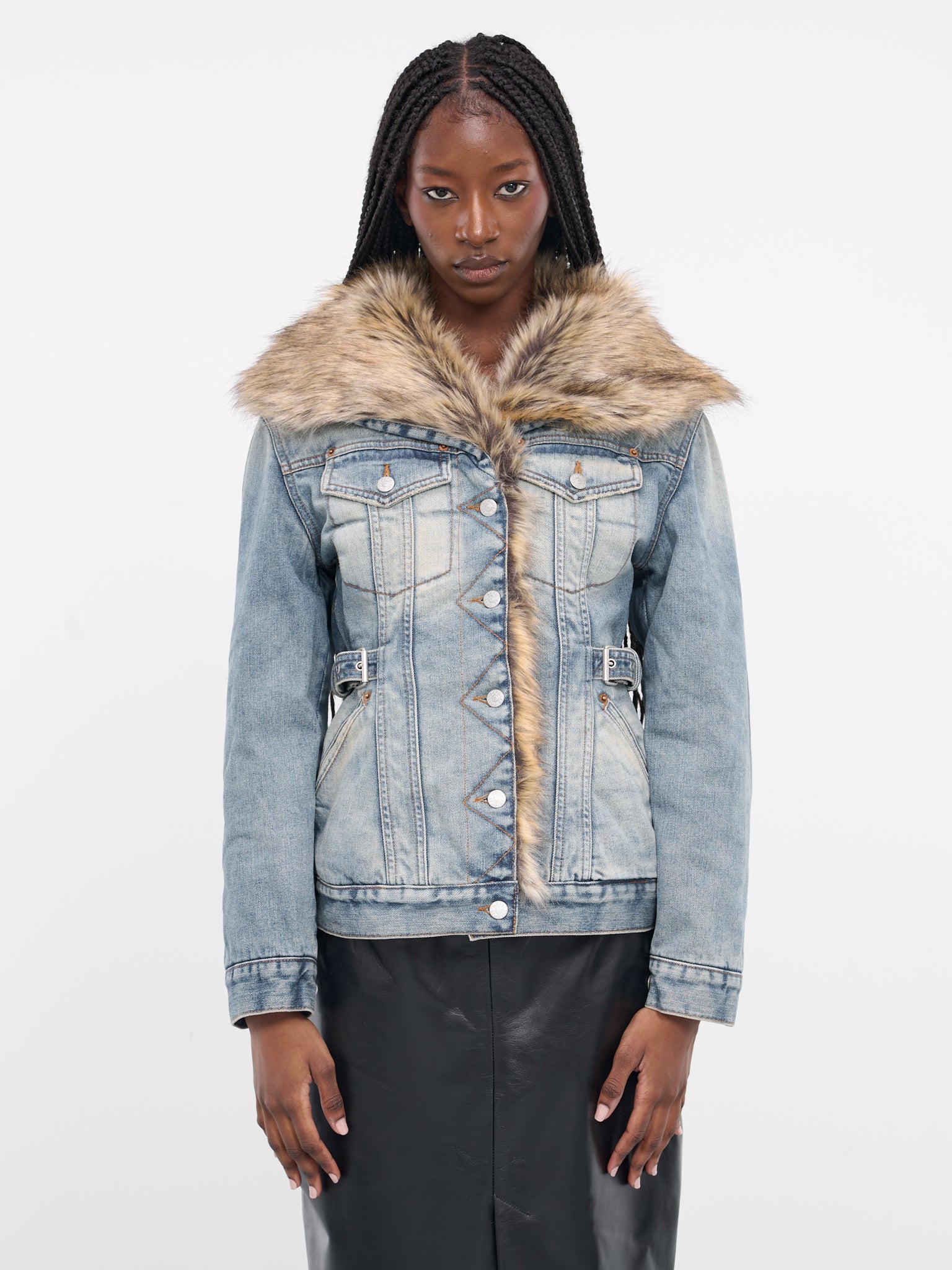 Furry Trim Denim Jacket (A90580-MID-BLUE)