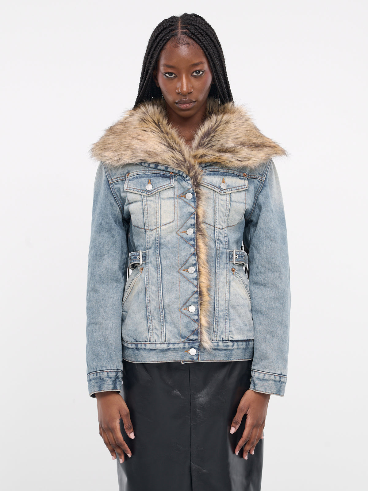 Furry Trim Denim Jacket (A90580-MID-BLUE)