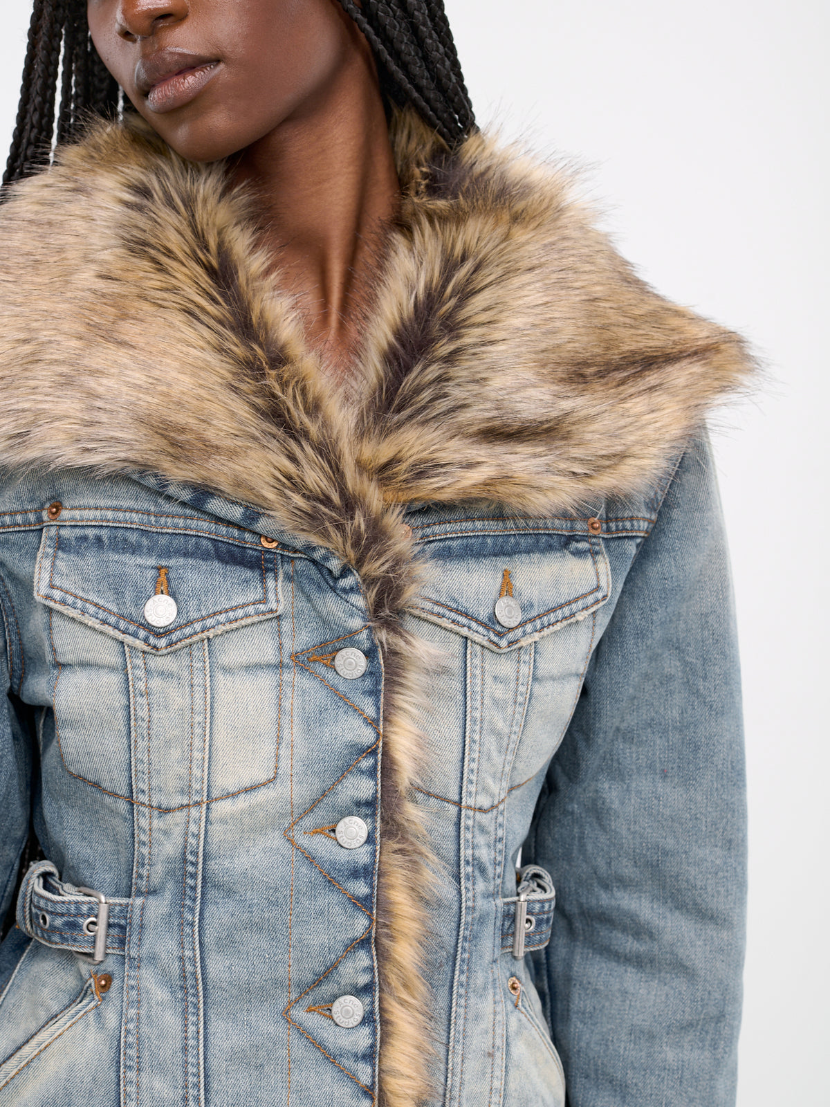 Furry Trim Denim Jacket (A90580-MID-BLUE)