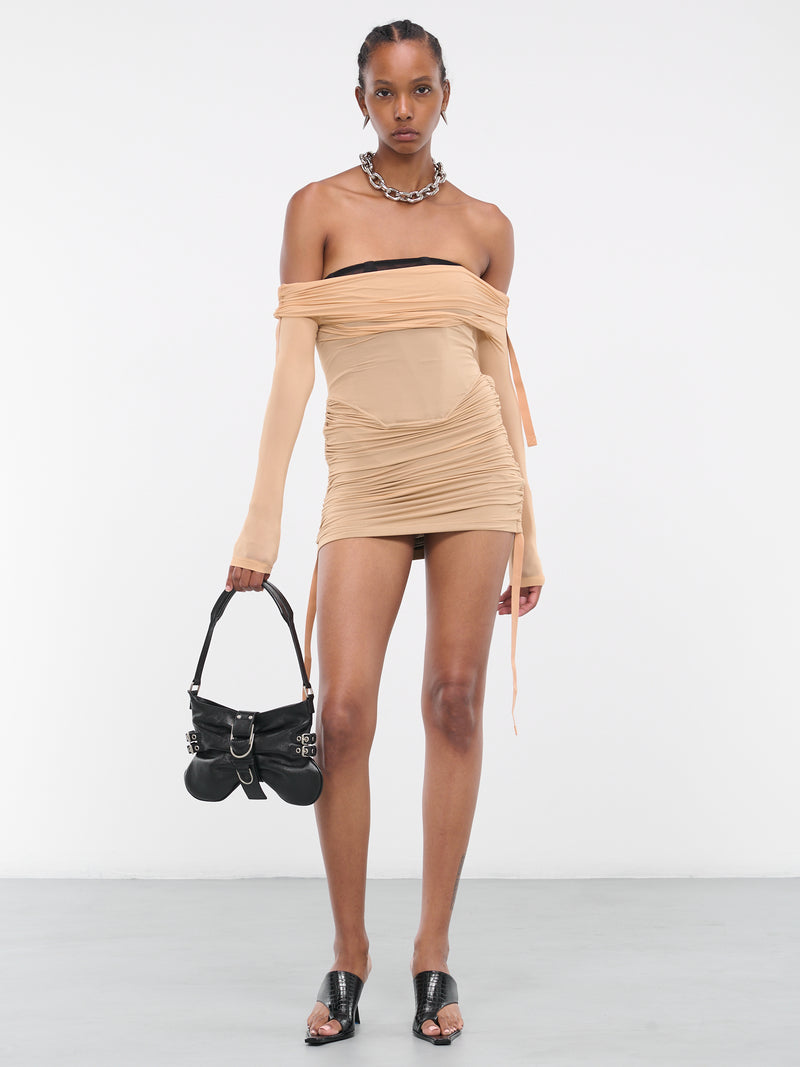 Hosiery Overlay Gathered Dress (A9957P23-3040-SANDSTONE-BLACK)