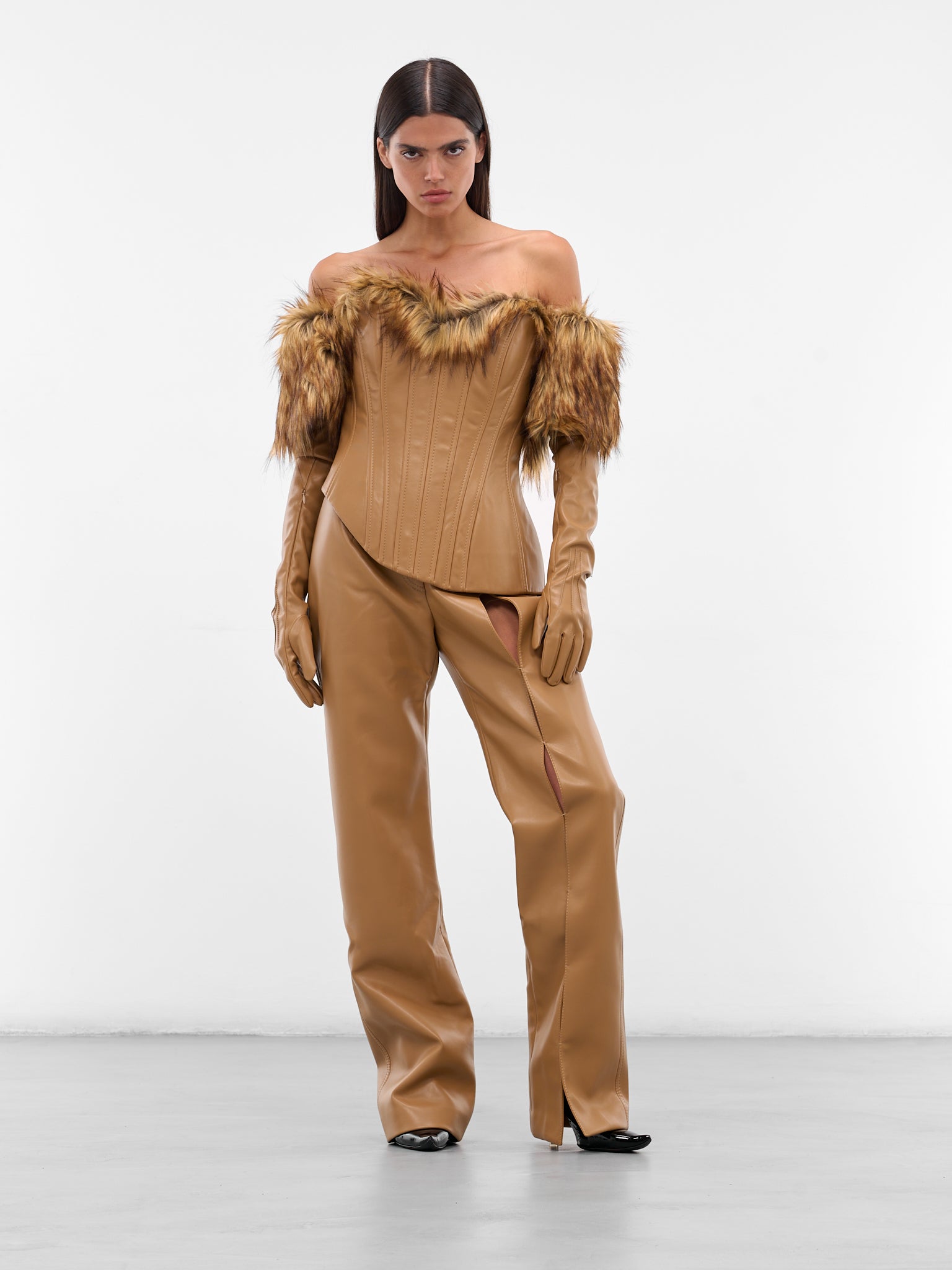 Beige Vegan Leather Cut-Out Trousers (AAFW25PAVLBG03-BEIGE)
