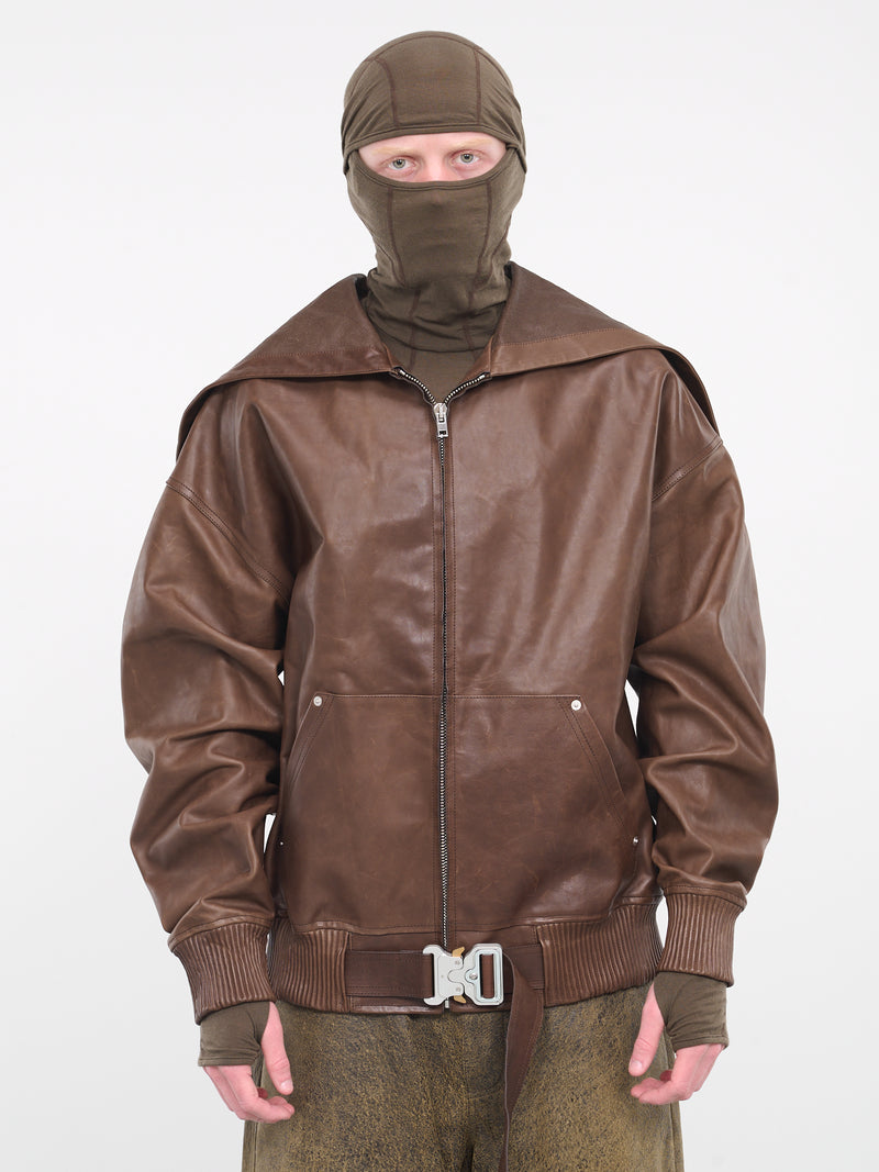 Leather Belted Buckle Hoodie (AAMOU0477LE01-BROWN)