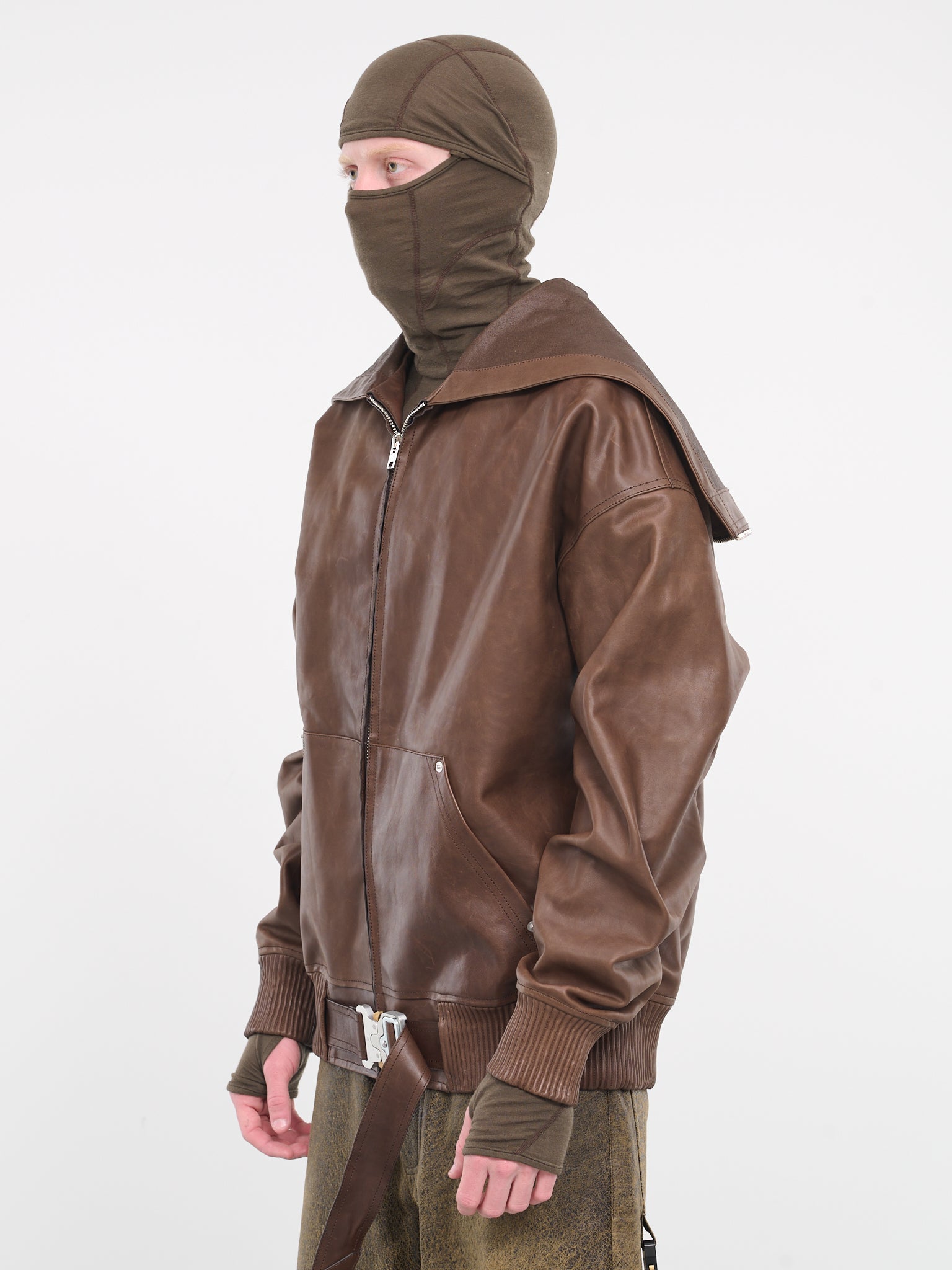 Leather Belted Buckle Hoodie (AAMOU0477LE01-BROWN)