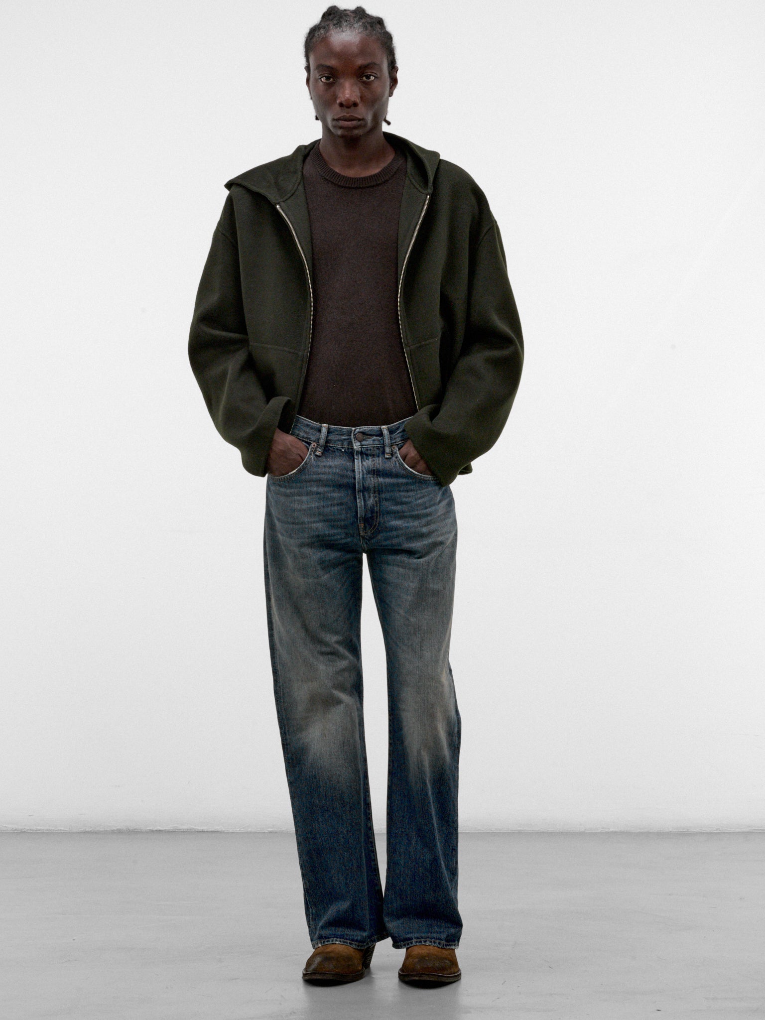 Green Wool-Cashmere Zip Hoodie (FN-MN-OUTW001238-DARK-GREEN)