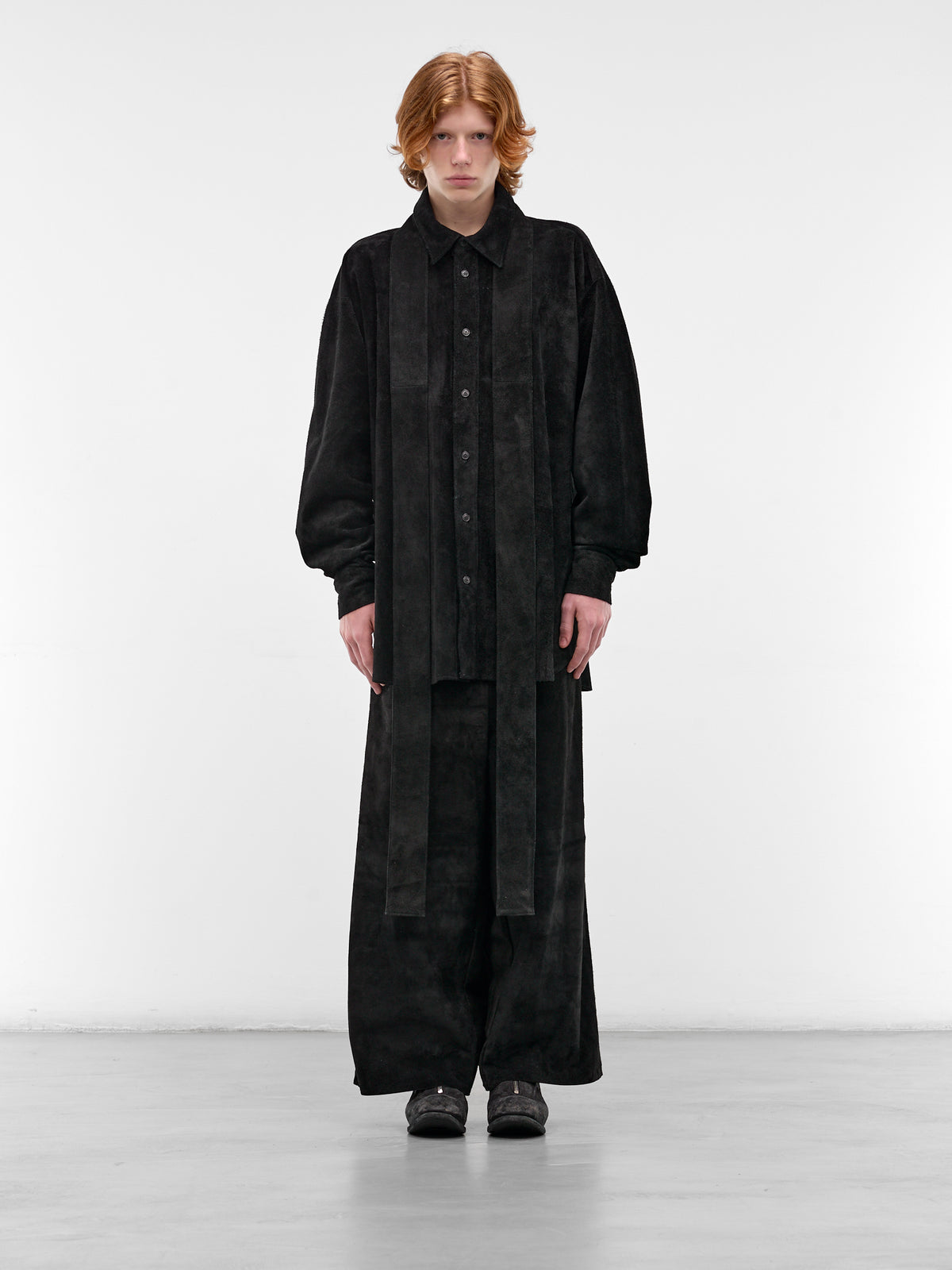 Black Leather Ribbon Shirt (ADS2604-DEEP-NIGHT-BLACK)