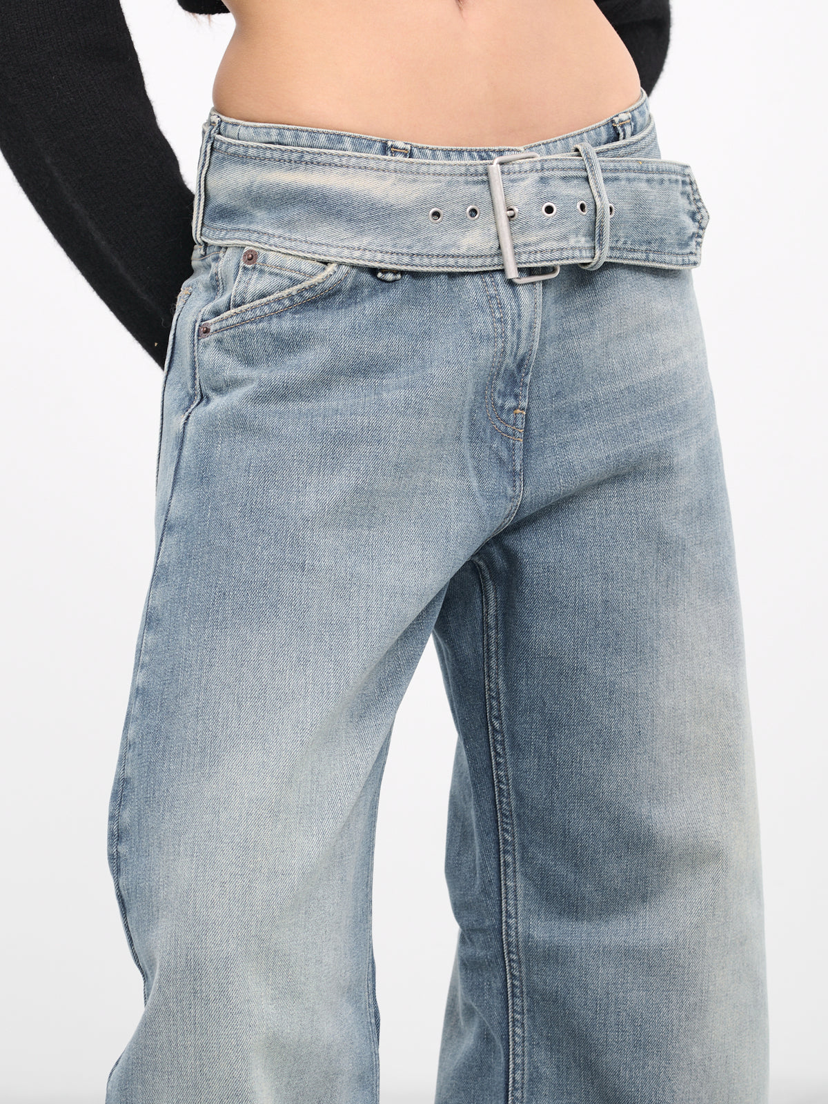 Belted Wide-Leg Jeans (AK0757-MID-BLUE)