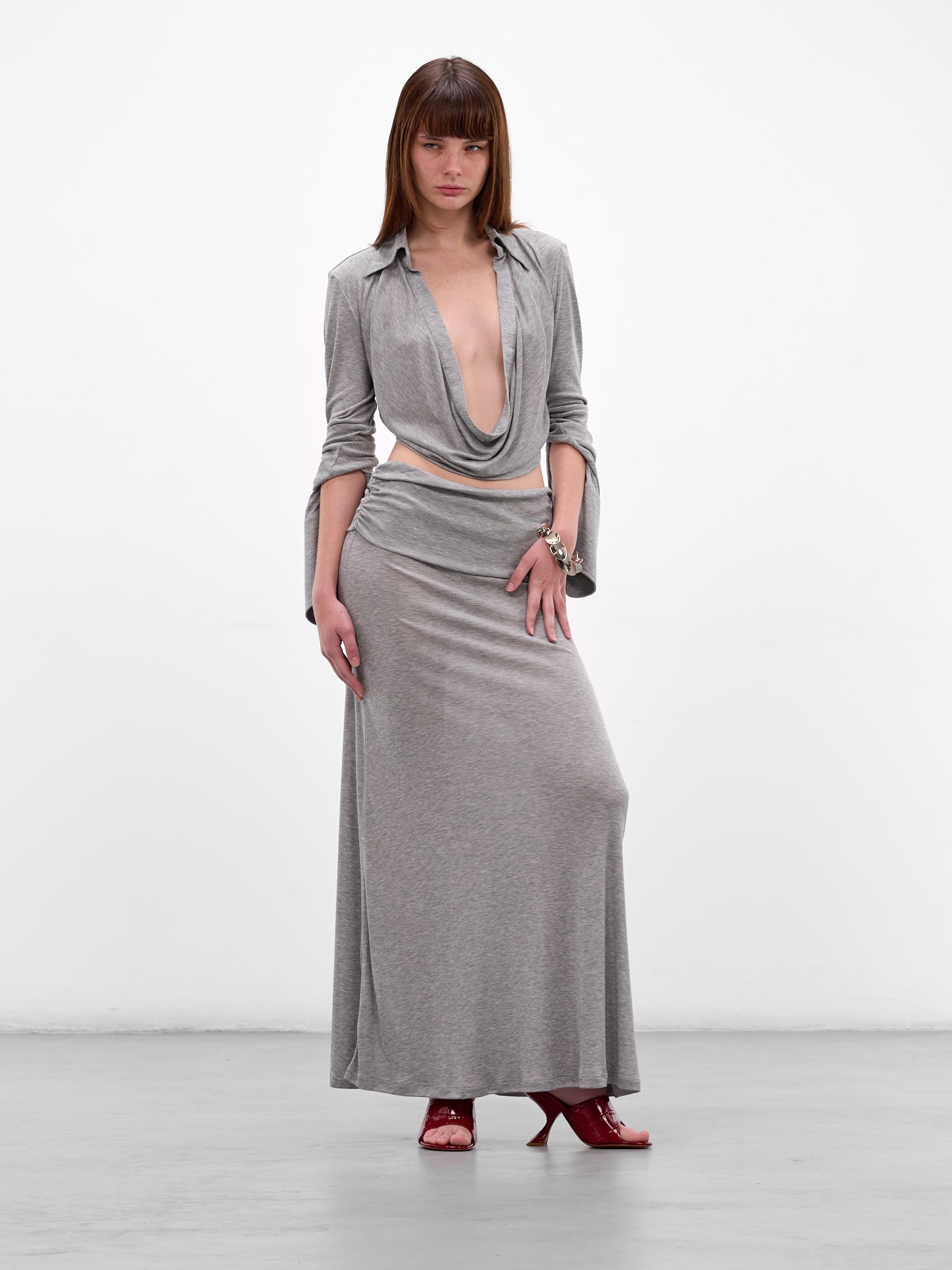 Gray Lyocell Rib-Knit Drape Skirt (AMR2630-GRAY)