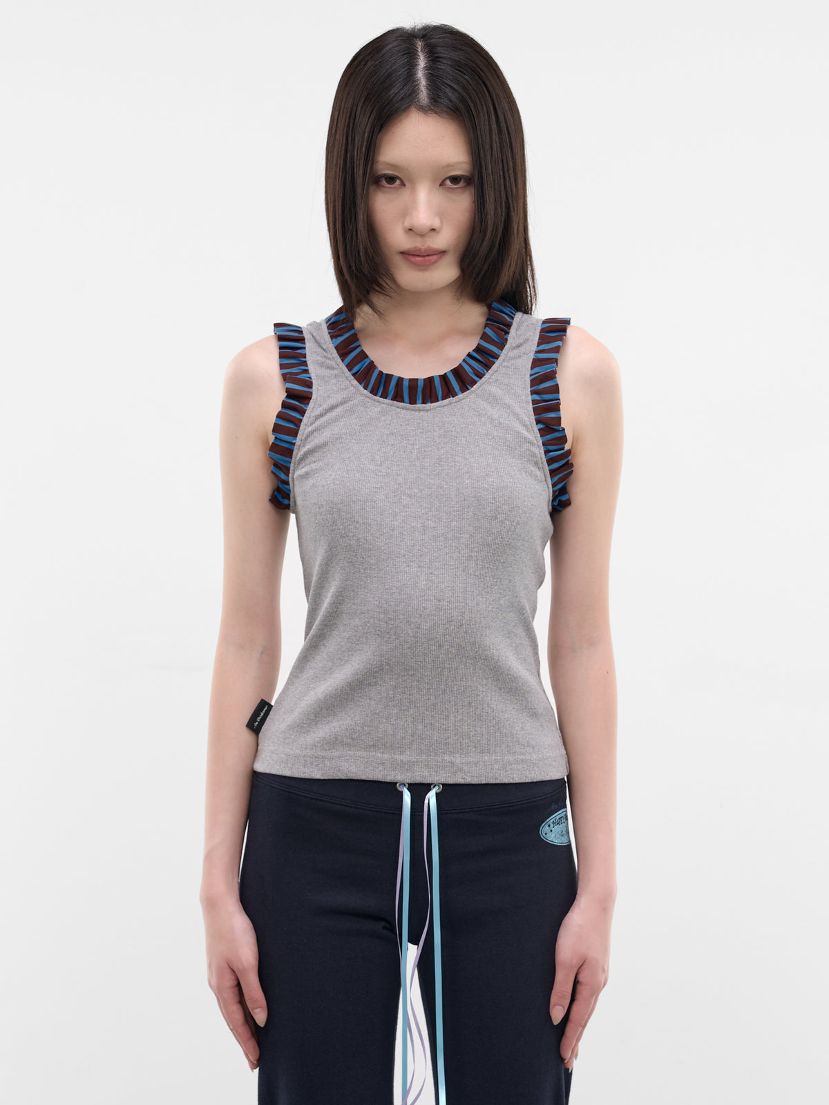Gray Striped Frilled Tank Top (AN001TP26SSGRB-GRAY-BEAR)