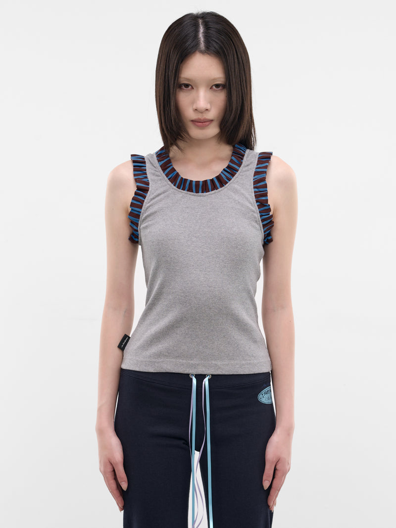 Gray Striped Frilled Tank Top (AN001TP26SSGRB-GRAY-BEAR)