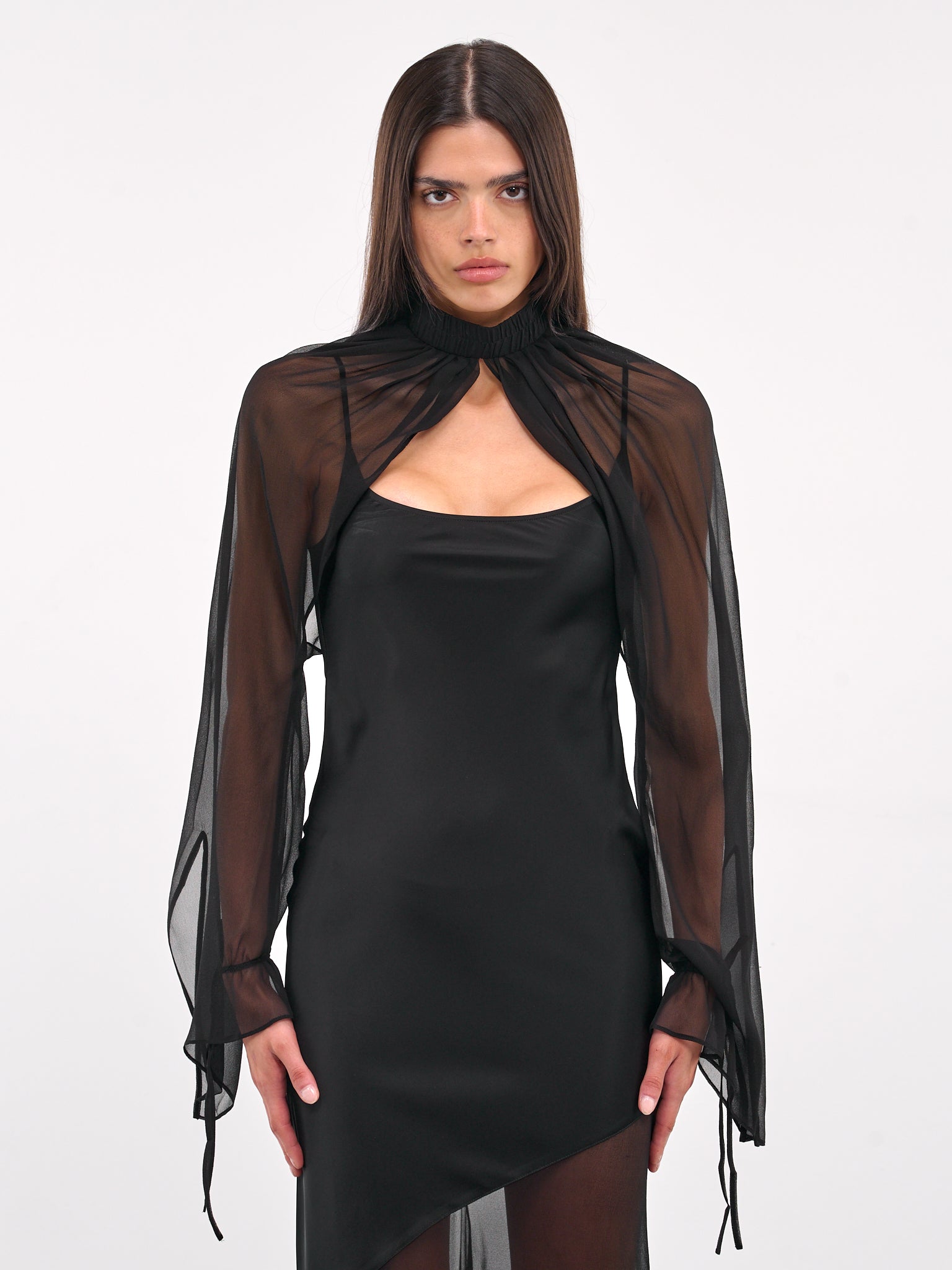Tie-Fastening Silk Georgette Sleeves (AS03S1BL900-BLACK)