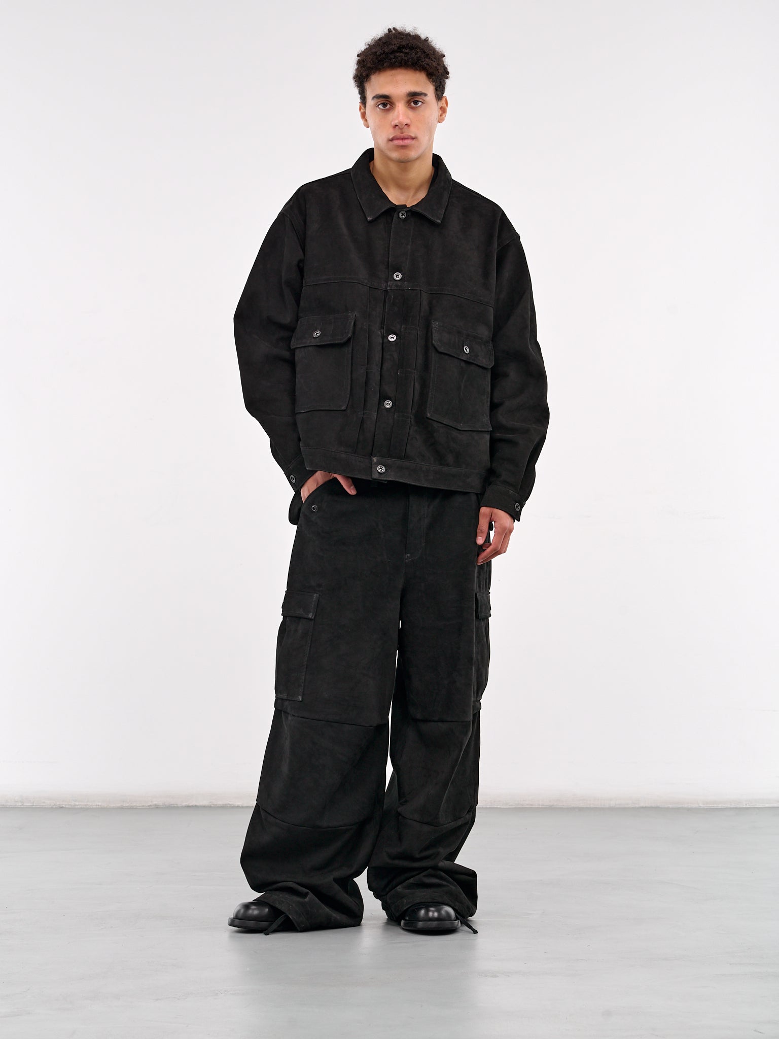 Leather Cargo Trousers (AUP2503-BLACK-NUBUCK)