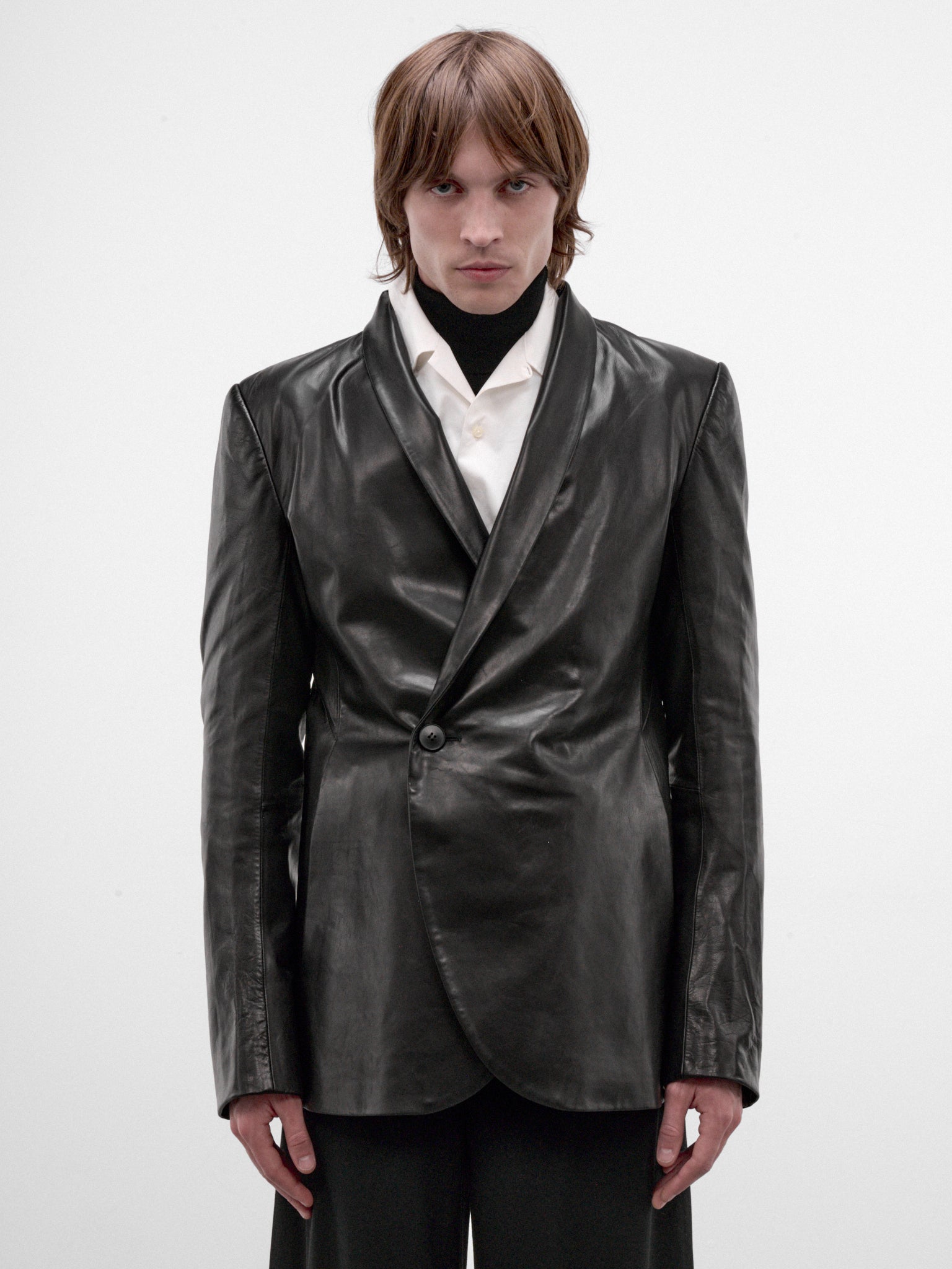 Black Leather Shawl Blazer (AW26-001-06-BLACK)