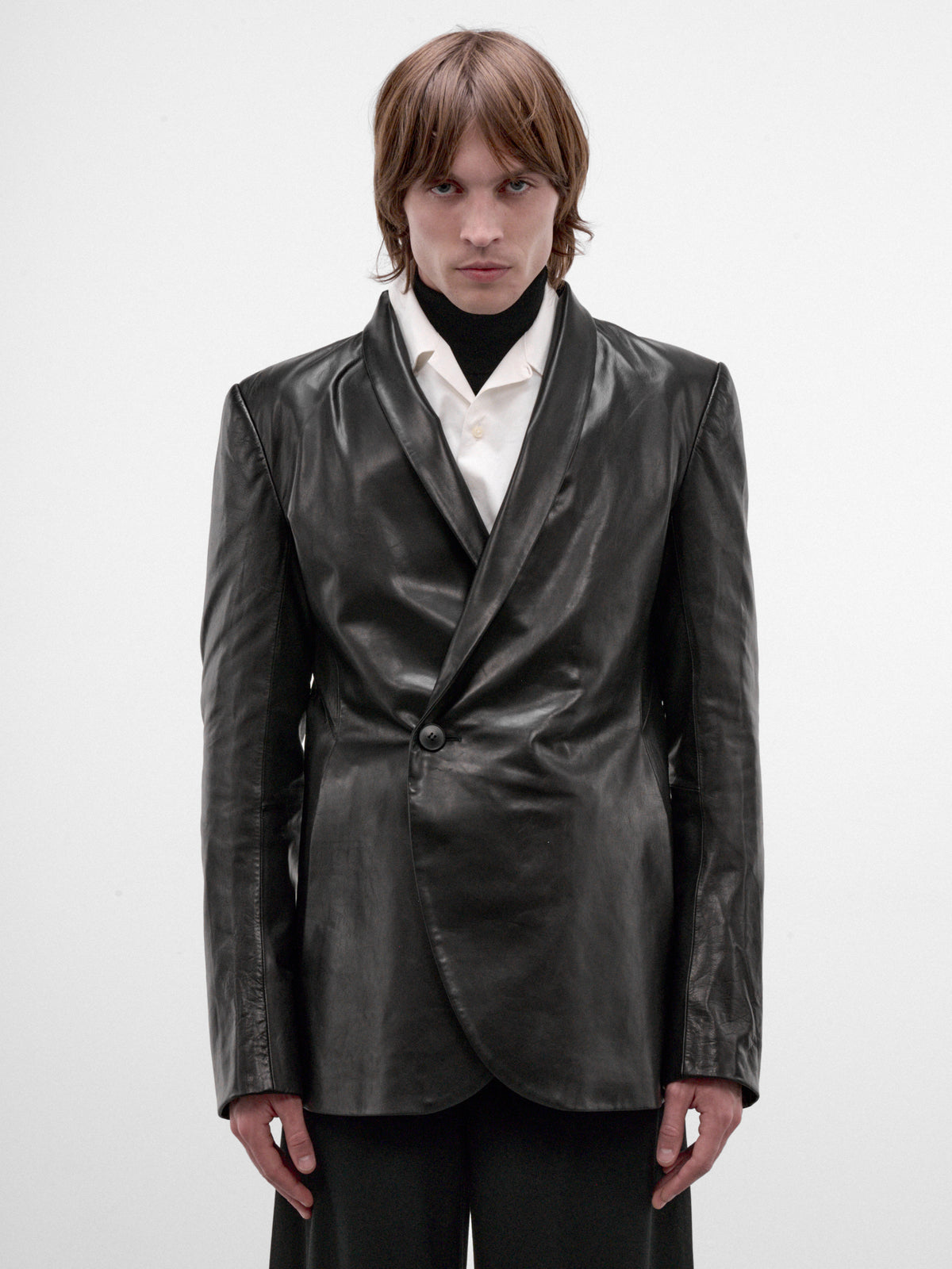 Black Leather Shawl Blazer (AW26-001-06-BLACK)