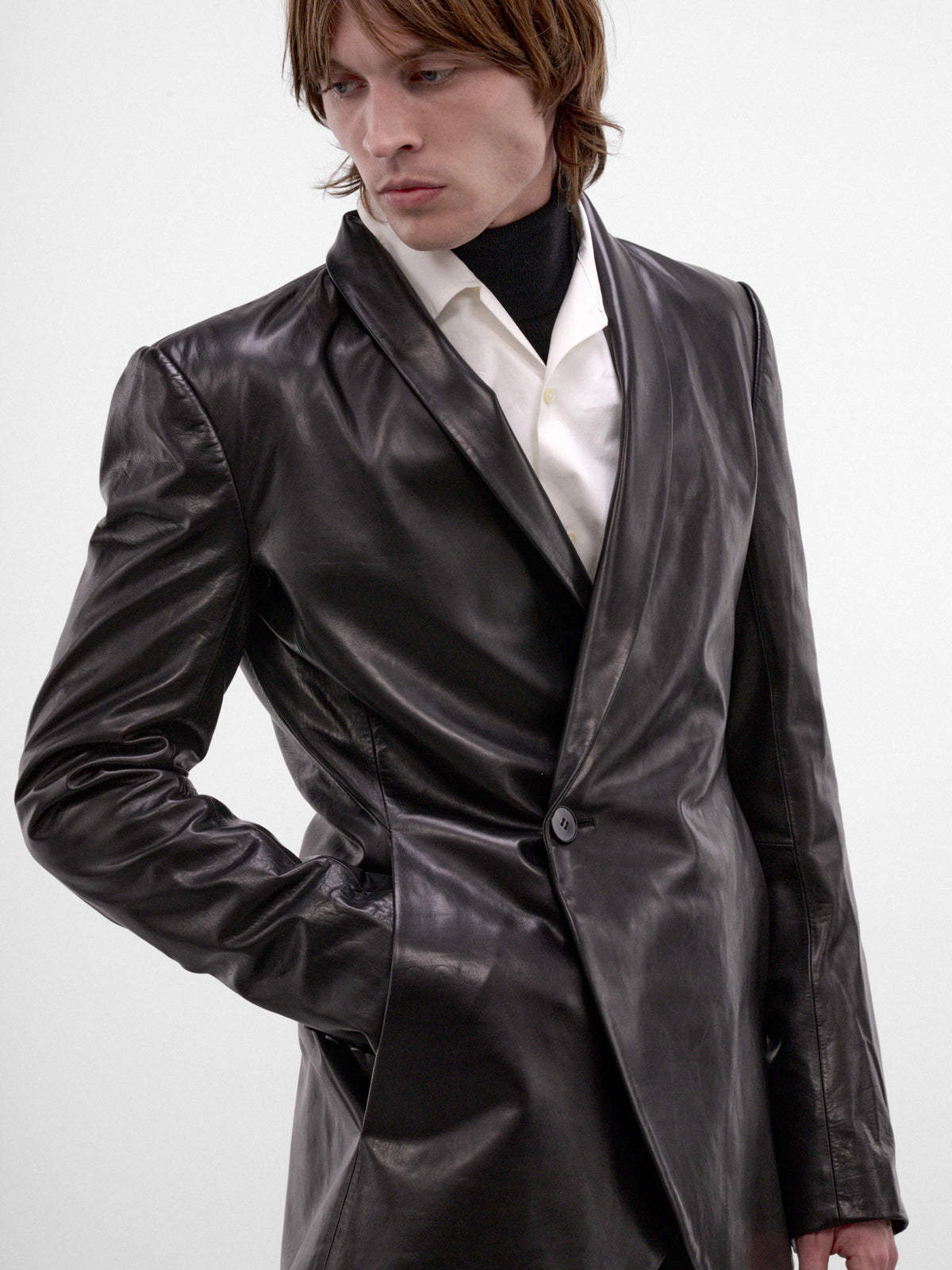 Black Leather Shawl Blazer (AW26-001-06-BLACK)